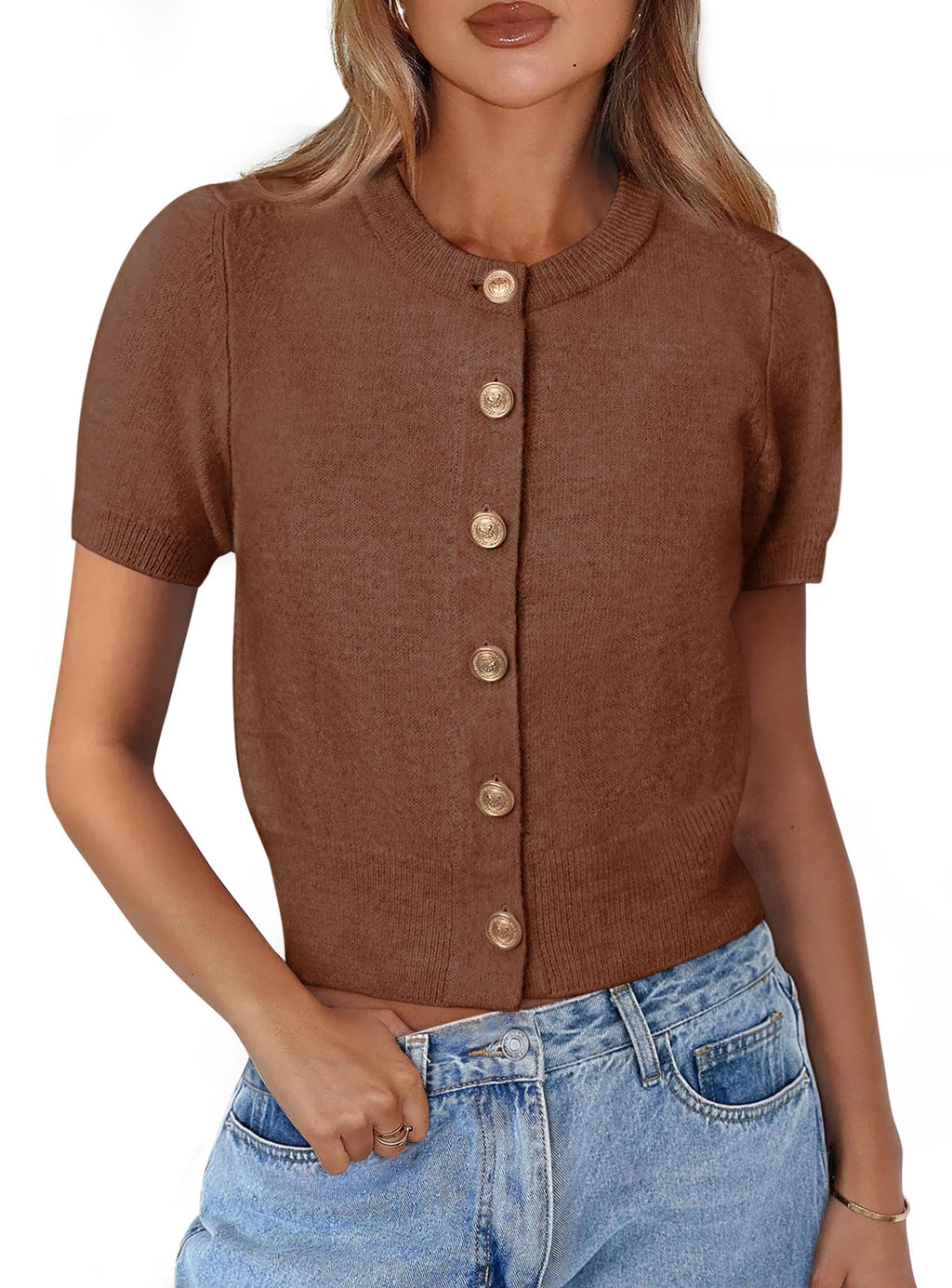 PRETTYGARDEN Womens Casual Summer Short Sleeve Cardigans Button Down Knitted Sweater Basic Crew Neck Crop Tops