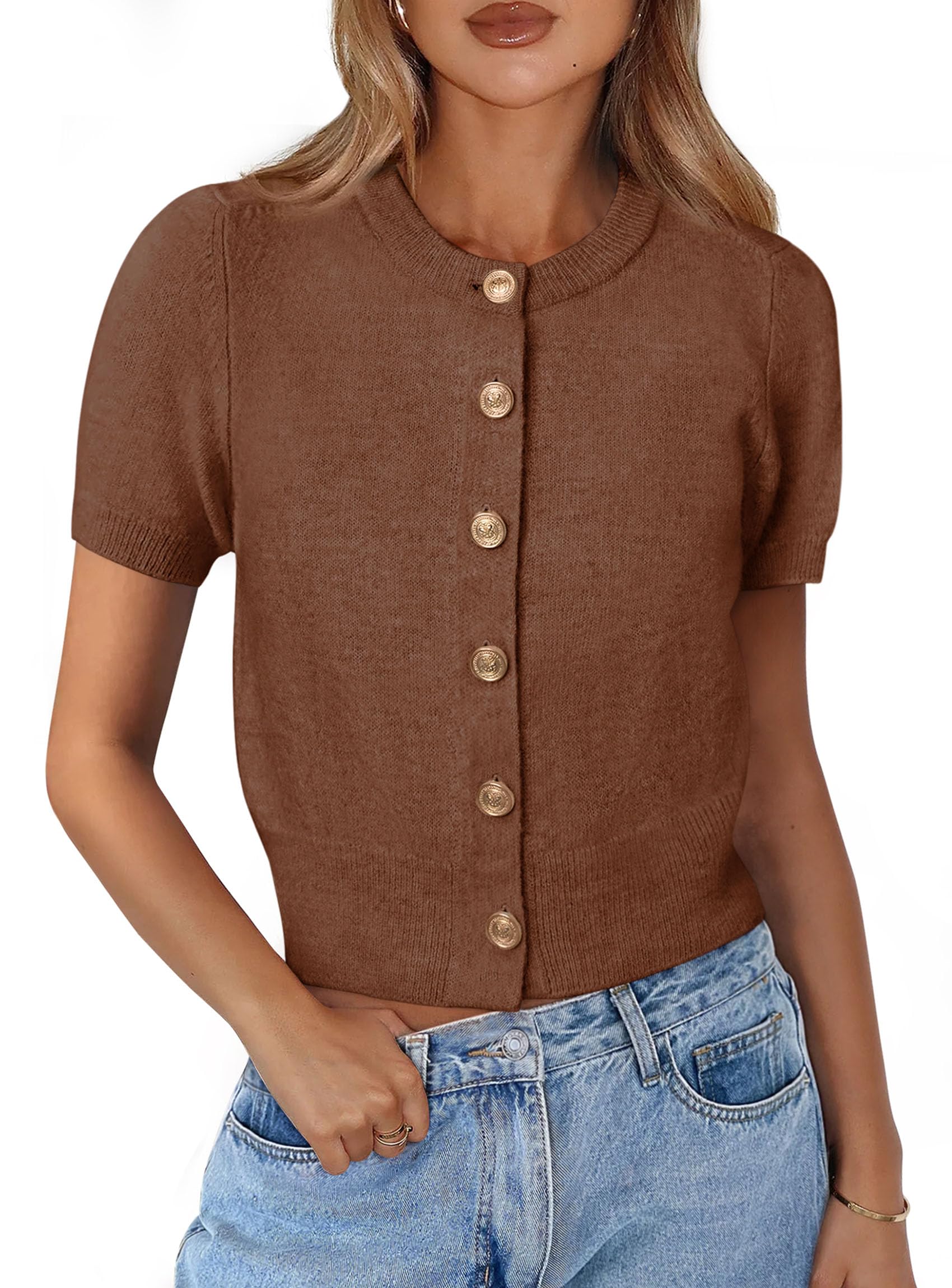PRETTYGARDEN Womens Casual Summer Short Sleeve Cardigans Button Down Knitted Sweater Basic Crew Neck Crop Tops