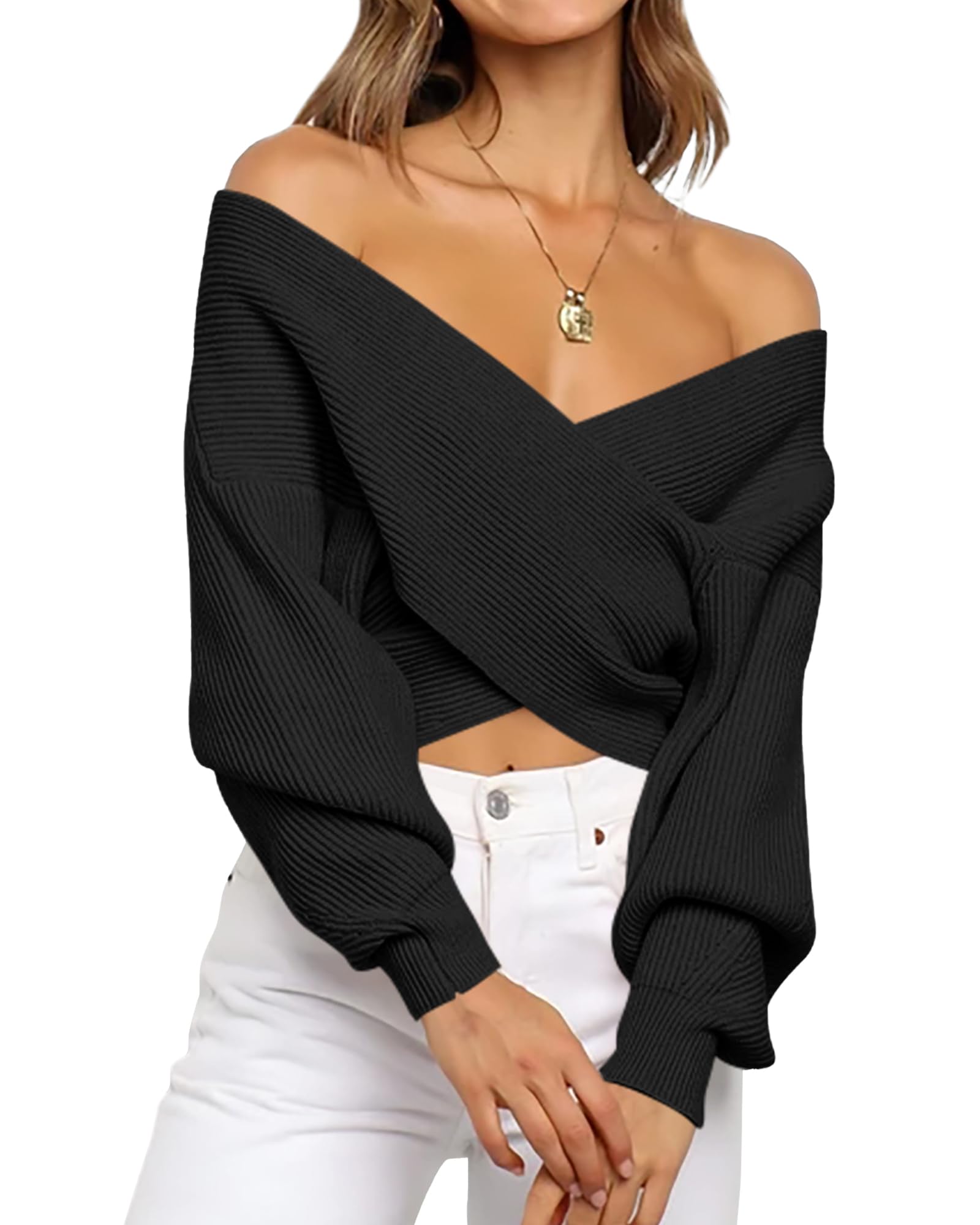 BTFBM Off The Shoulder Sweater for Women Winter Fall Fashion V Neck Long Sleeve Ribbed Knit Wrap Cropped Sweaters