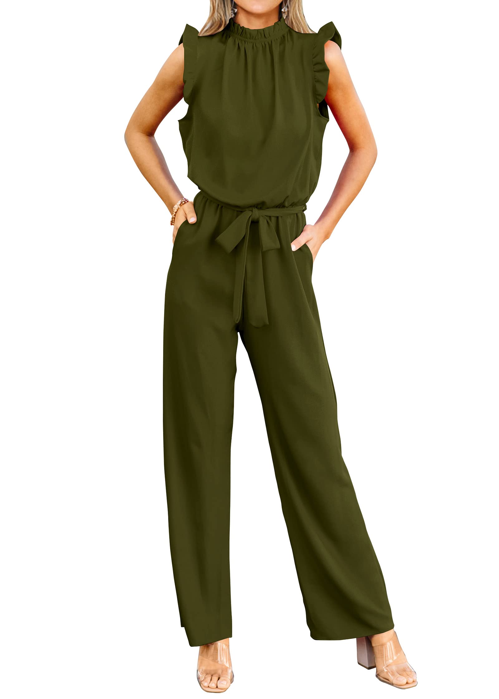 FreshPretty Jumpsuits For Women Dressy Summer One Piece Sleeveless Ruffle Mock Neck Belt Pockets Formal Wide Leg Pants Romper