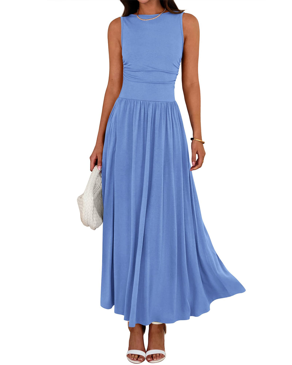 BTFBM Summer Maxi Dresses for Women Spring Sleeveless Casual Ruched High Waisted Long Sundress Flowy Beach Dress