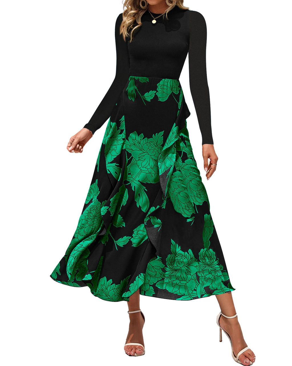 FreshPretty Womens Floral Maxi Dress Fall Casual Crewneck Long Sleeve Ruffle Flowy Cocktail Wedding Guest Dresses