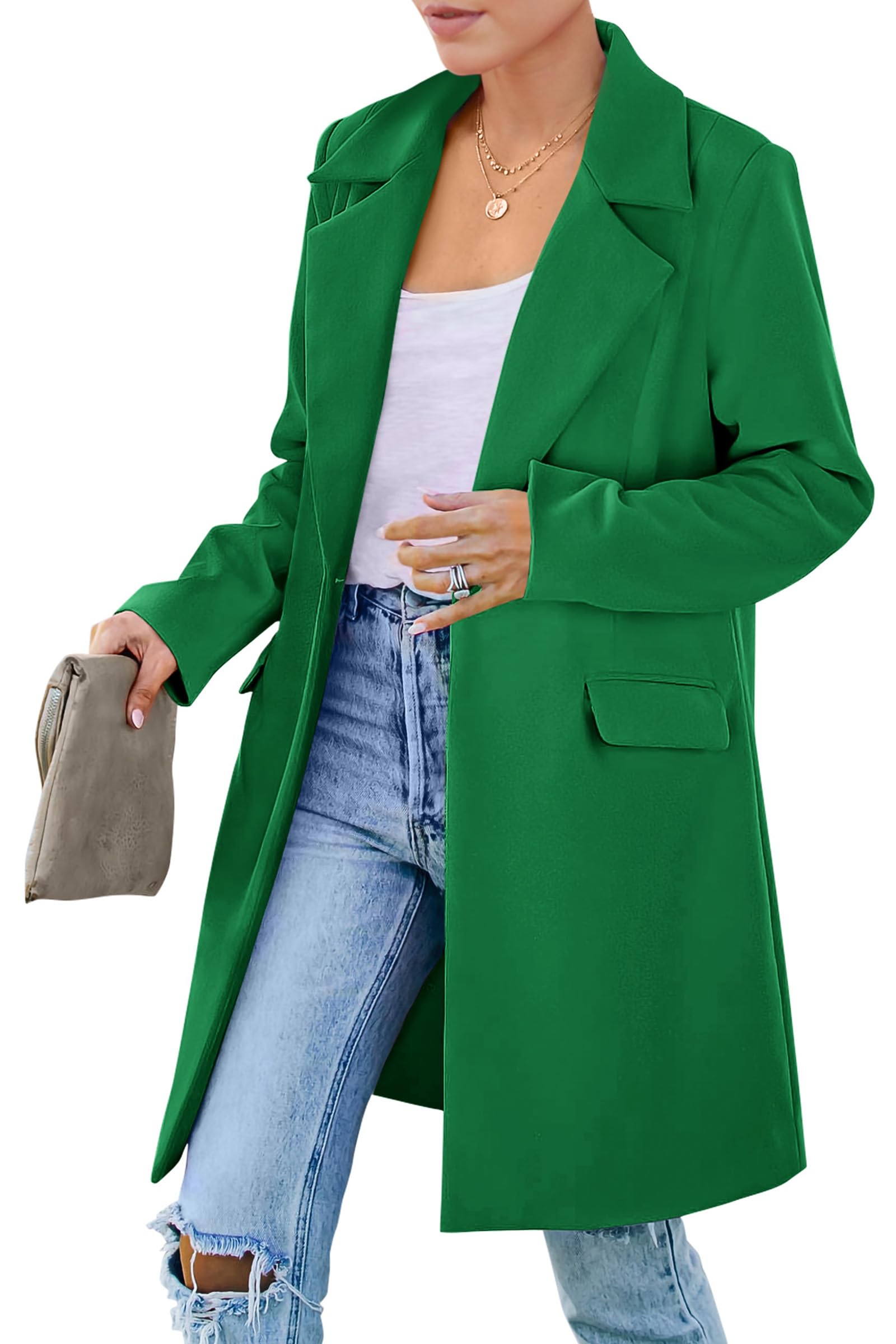 PRETTYGARDEN Women's Spring Fall Long Blazer Jackets Long Sleeve Lapel Pockets Loose Fit Work Casual Blazers Outerwear