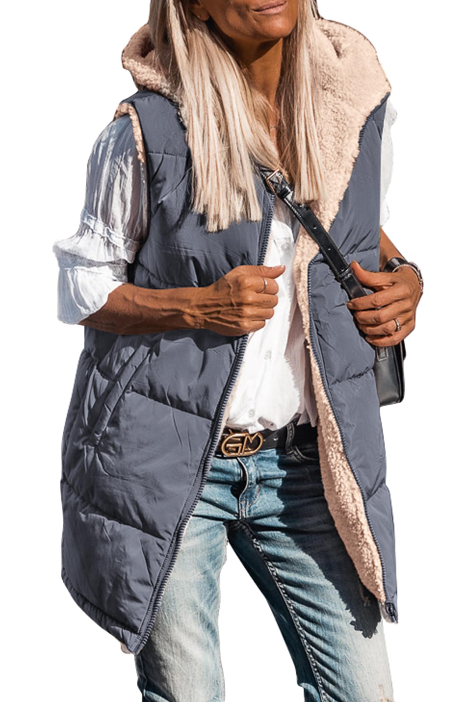 PRETTYGARDEN Womens Fall Reversible Long Vests Sleeveless Fleece Jacket Zip Up Hoodie Pockets Warm Coat Winter Clothing