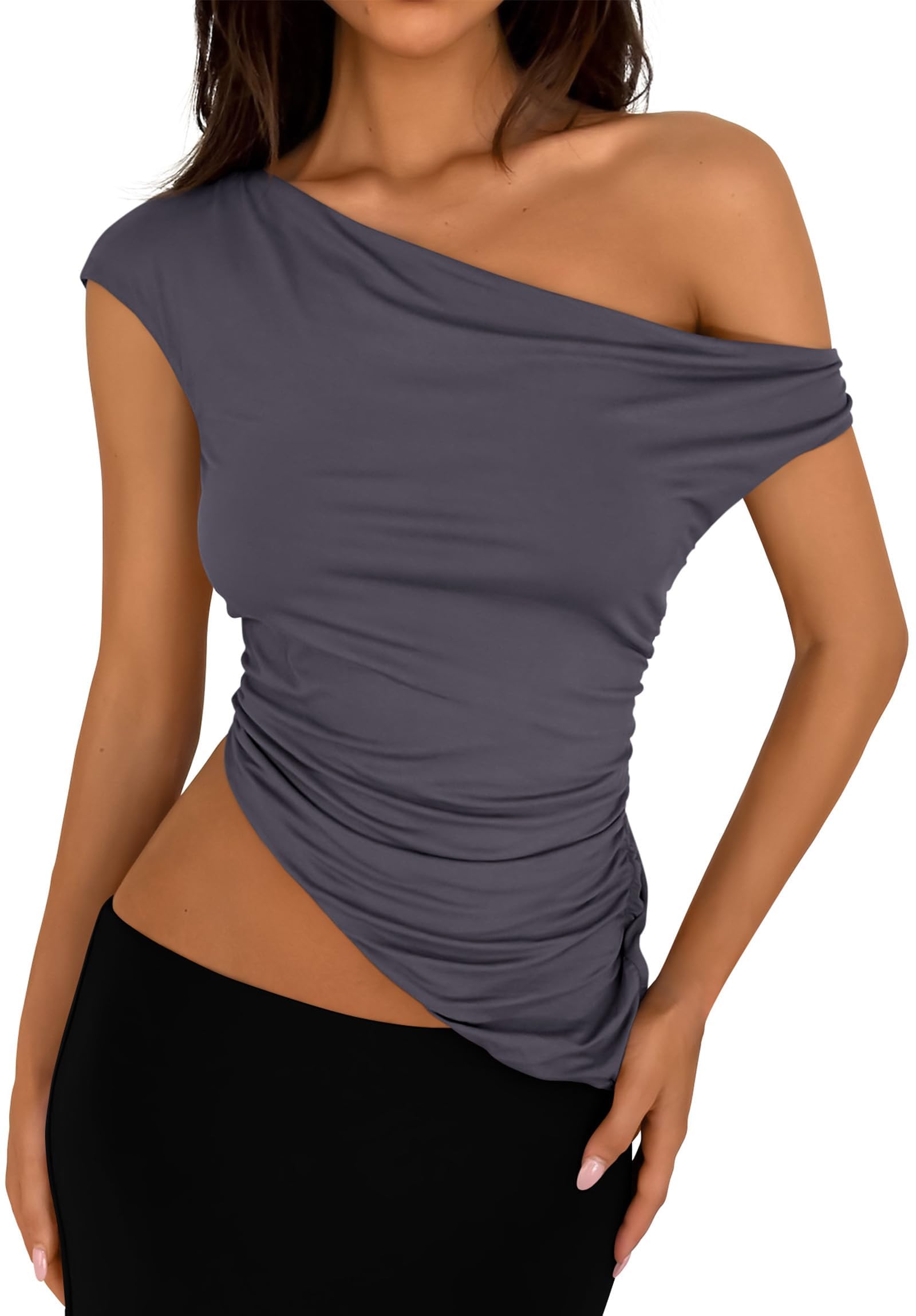 PRETTYGARDEN Womens Summer Off The Shoulder Crop Tops Sleeveless One Shoulder Ruched Asymmetrical Y2K Going Out Tank Top
