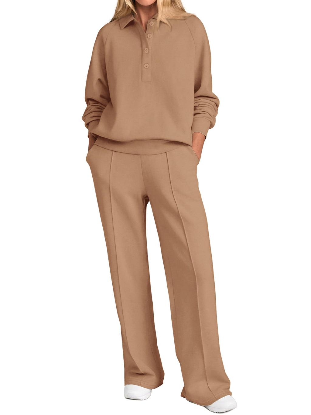 PRETTYGARDEN Women Fall 2 Piece Outfits Sweatsuits Lounge Sets Quarter Button Long Sleeve Sweatshirt, Wide Leg Sweat Pants, Casual 2 Piece Sets Tracksuit, Airport Travel Outfits for Women