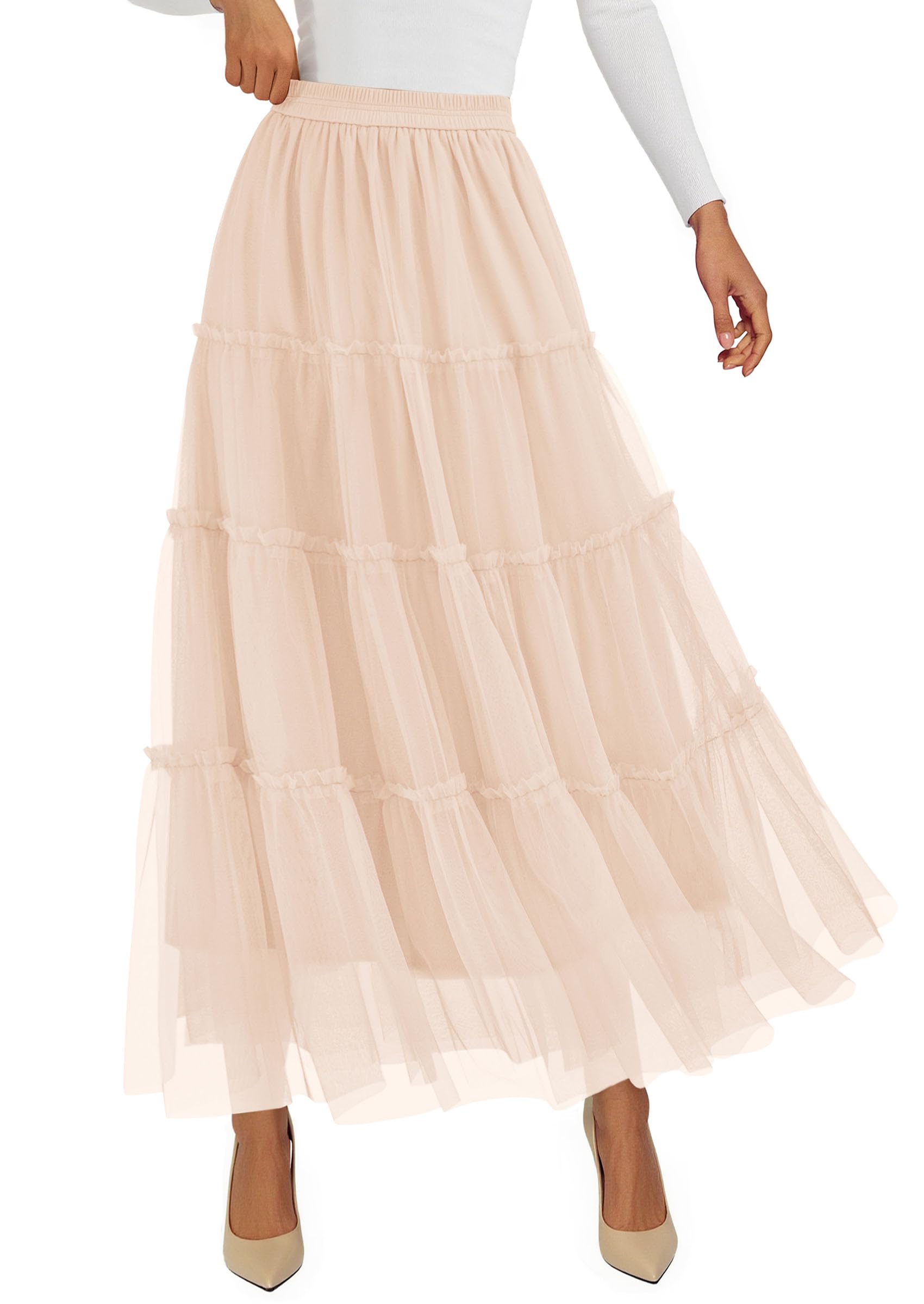 PRETTYGARDEN Tulle Skirts for Women Fall Fashion Elastic High Waisted Fairy Tiered Flowy A-Line Casual Maxi Long Skirt