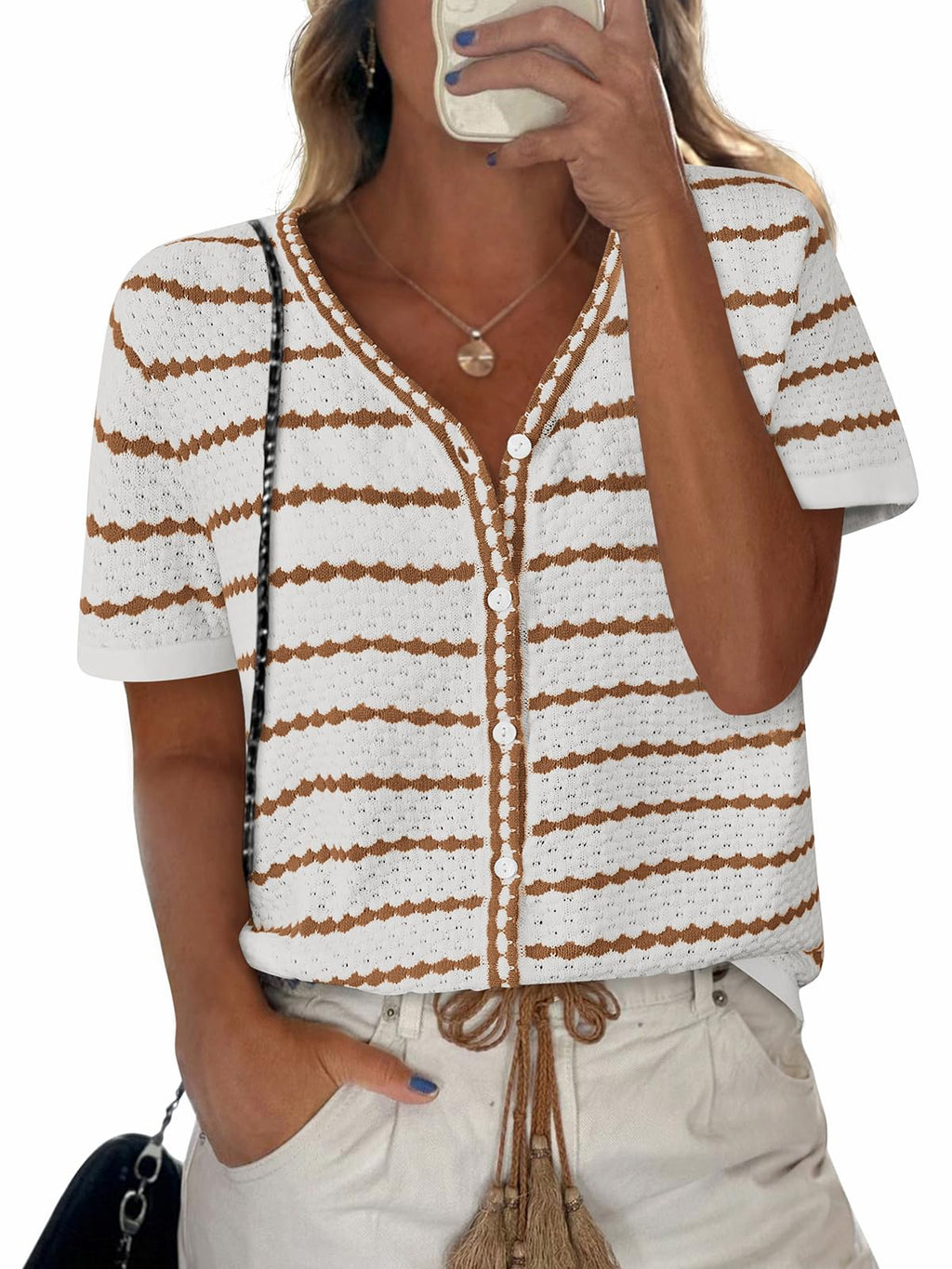 FreshPretty Women's Short Sleeve Sweater Spring Summer Crochet Knit Tops V Neck Striped Button Down Dressy Casual Blouses