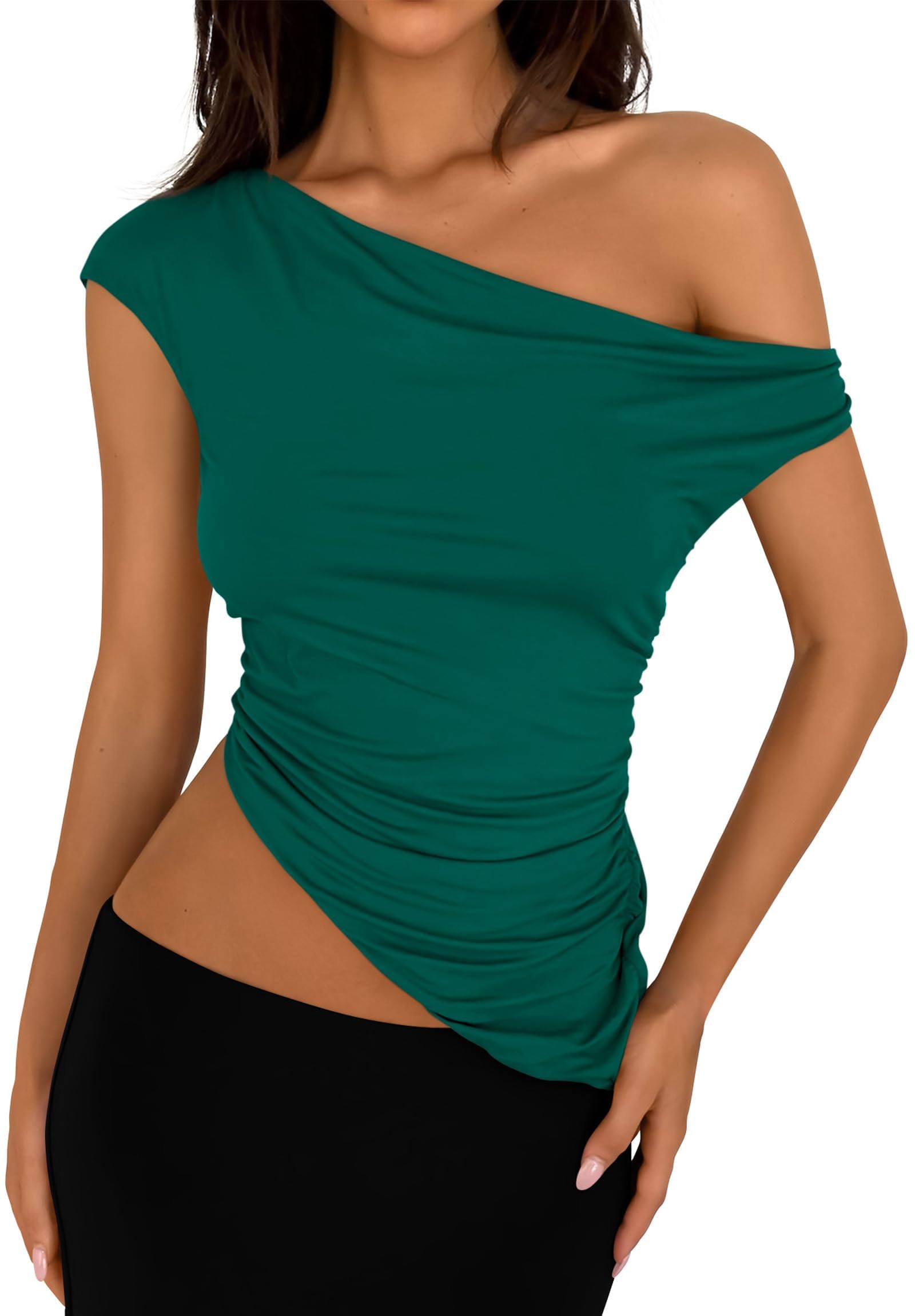 PRETTYGARDEN Womens Summer Off The Shoulder Crop Tops Sleeveless One Shoulder Ruched Asymmetrical Y2K Going Out Tank Top