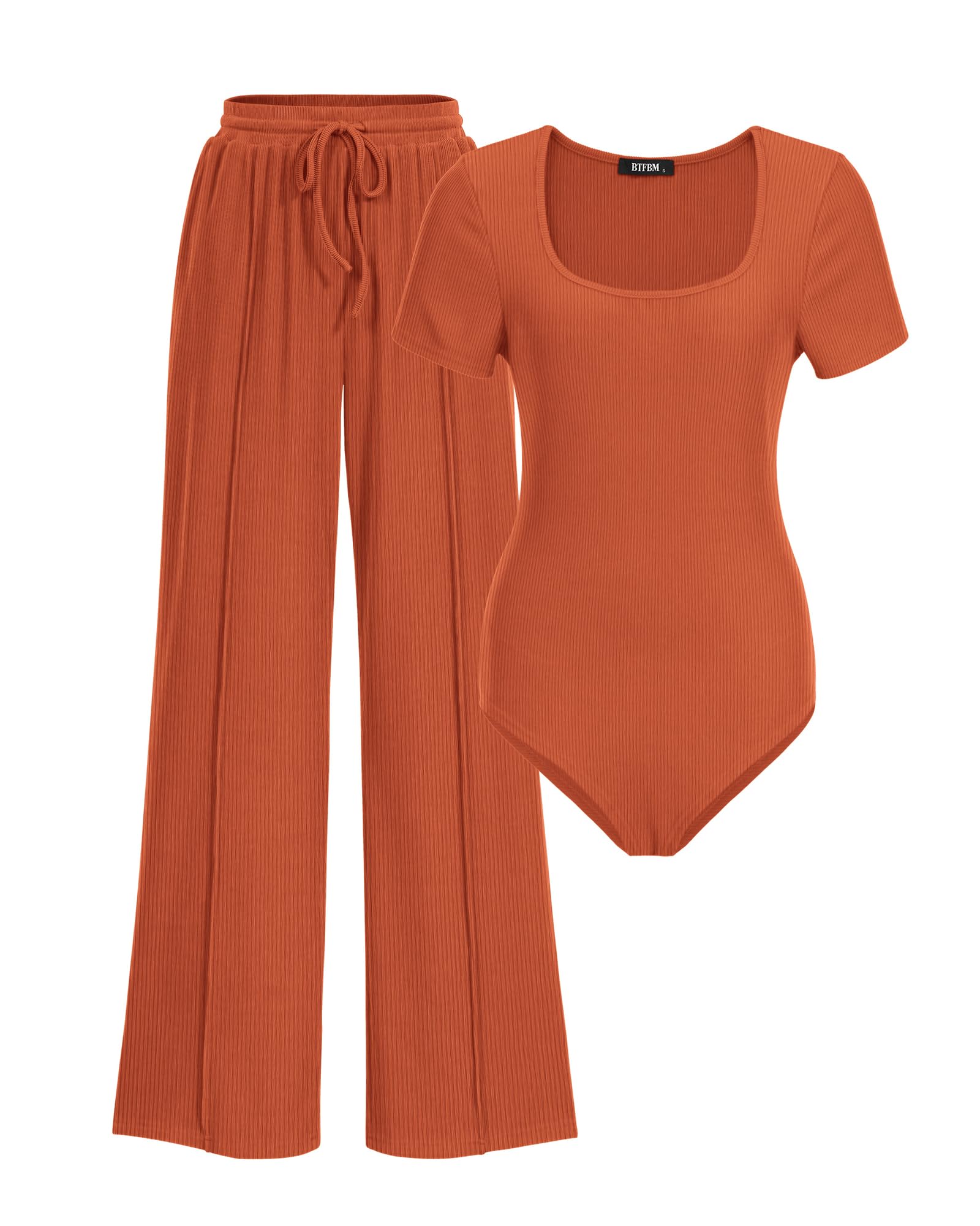 BTFBM Womens Summer 2 Piece Outfits Square Neck Short Sleeve Drawstring Pants Knit Spring Lounge Matching Sets