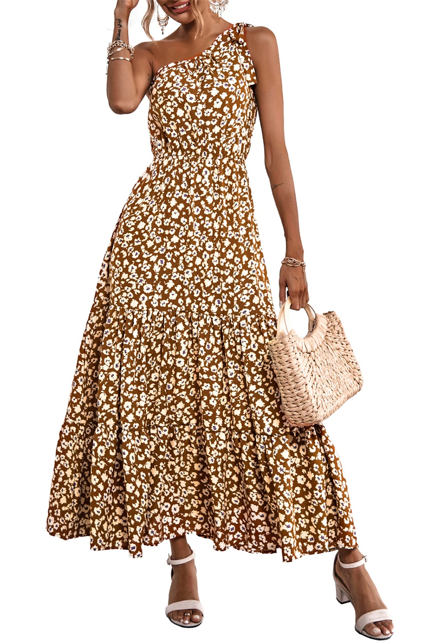 PRETTYGARDEN Women's Summer Floral One Shoulder Maxi Dress Knot Ruffle Boho Beach Vacation Wedding Guest Long Sun Dresses