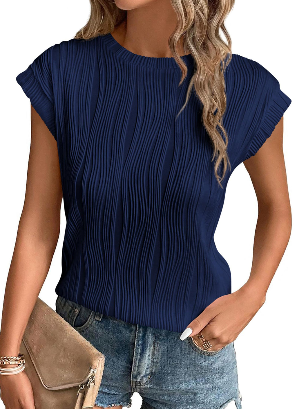 PRETTYGARDEN Blouses for Women Dressy Casual Spring Summer Business Office Tops Cap Sleeve Textured Cute Work Shirt