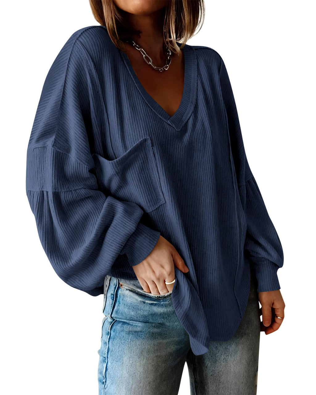 BTFBM Womens Fall Fashion Long Sleeve Shirts Casual V Neck Ribbed Knit Blouses Pullover Trendy Loose Fit Tunic Tops