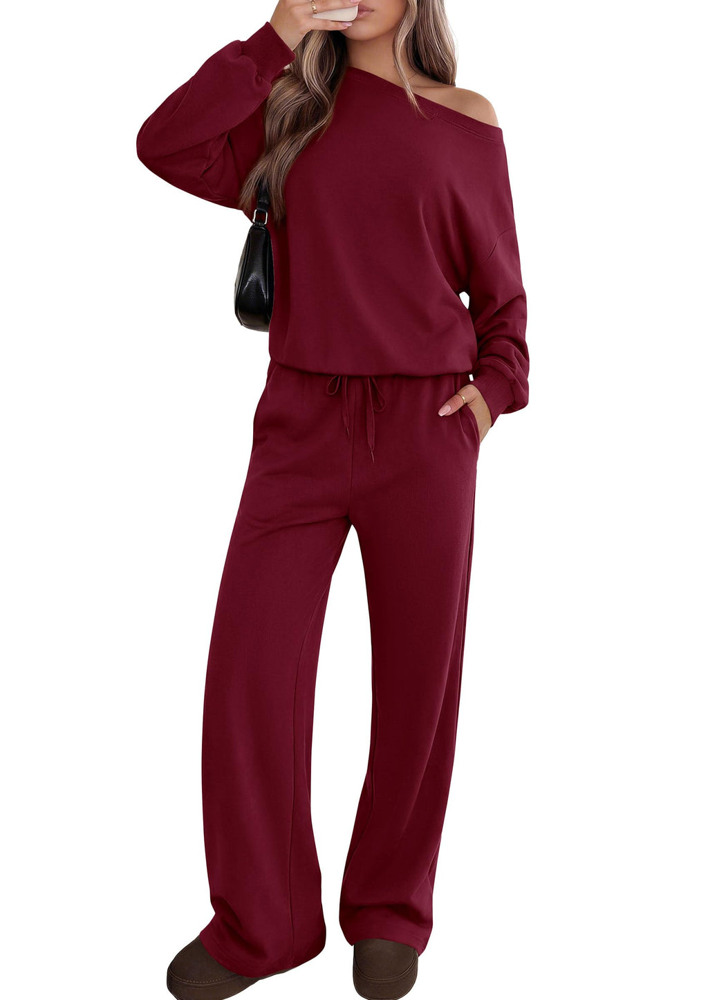 PRETTYGARDEN Womens 2 Piece Casual Matching Lounge Sets Fashion Off the Shoulder Sweatshirt, Wide Leg Pants with Pockets, Comfy Airport Travel Outfit,Trendy Fall Set
