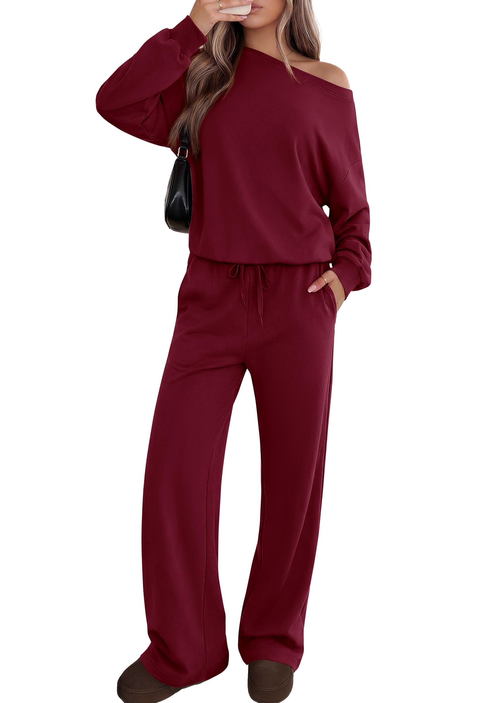 PRETTYGARDEN Womens 2 Piece Casual Matching Lounge Sets Fashion Off the Shoulder Sweatshirt, Wide Leg Pants with Pockets, Comfy Airport Travel Outfit,Trendy Fall Set