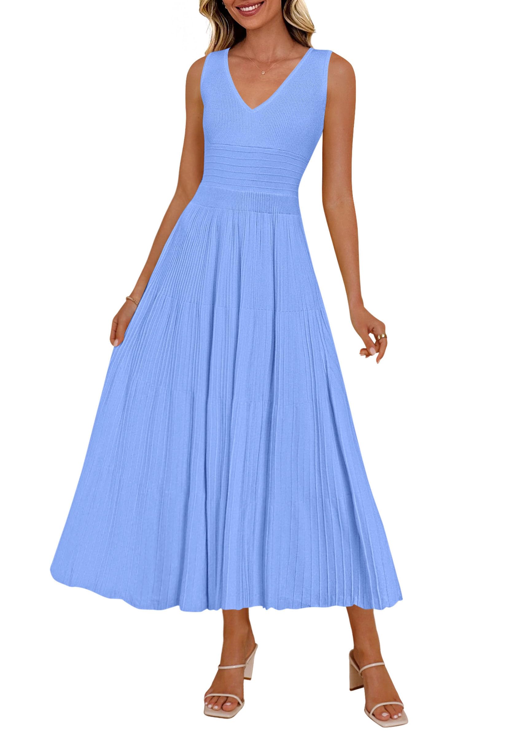 PRETTYGARDEN Women's Summer Casual Dresses Spring Sleeveless V Neck Knit Midi Business Work A Line Cocktail Dress