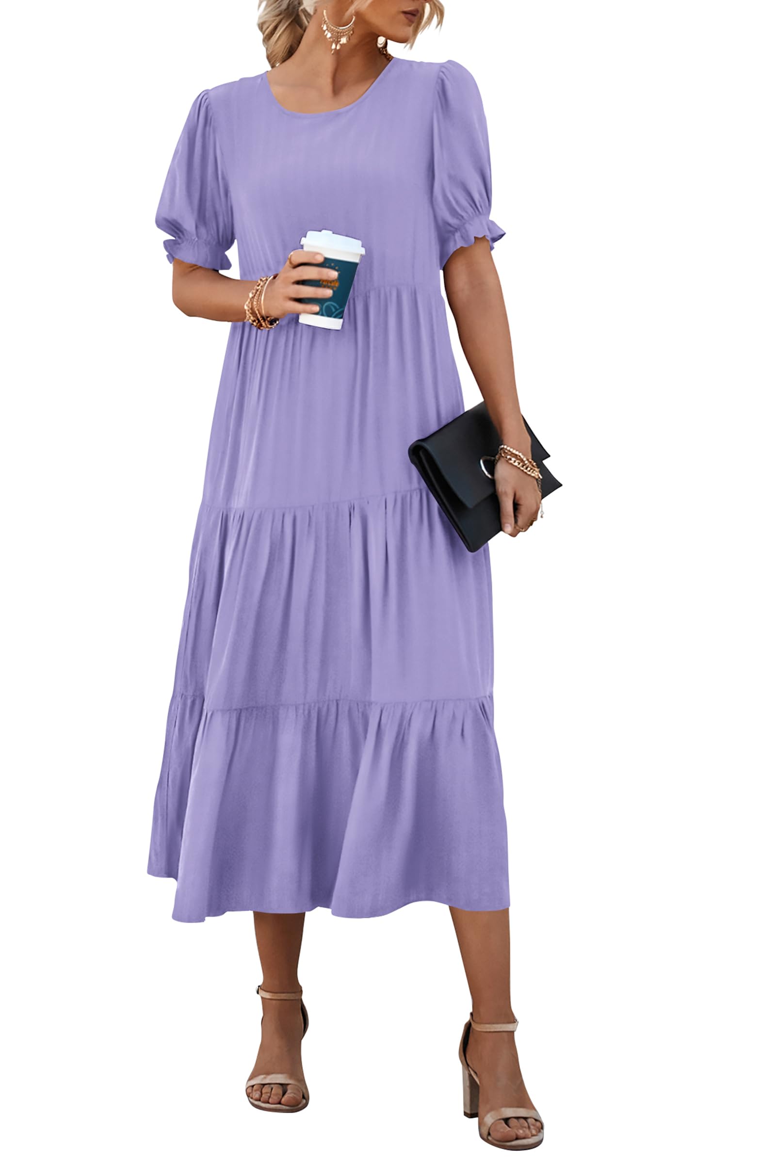 PRETTYGARDEN Summer Dresses for Women Casual Floral Boho Midi Sun Dress Puff Short Sleeve Flowy Beach Vacation Sundress