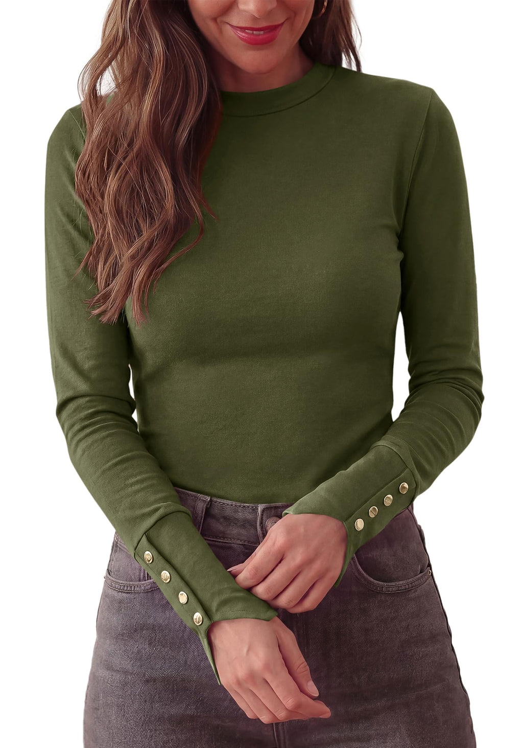 FreshPretty Womens Long Sleeve Tops Cute Slim Fitted Fall Shirts,Crewneck Knit Basic Shirts,Slimming Fit Work Office Blouses,Business Casual Outfits,Decorative Buttons,Fashion Clothing