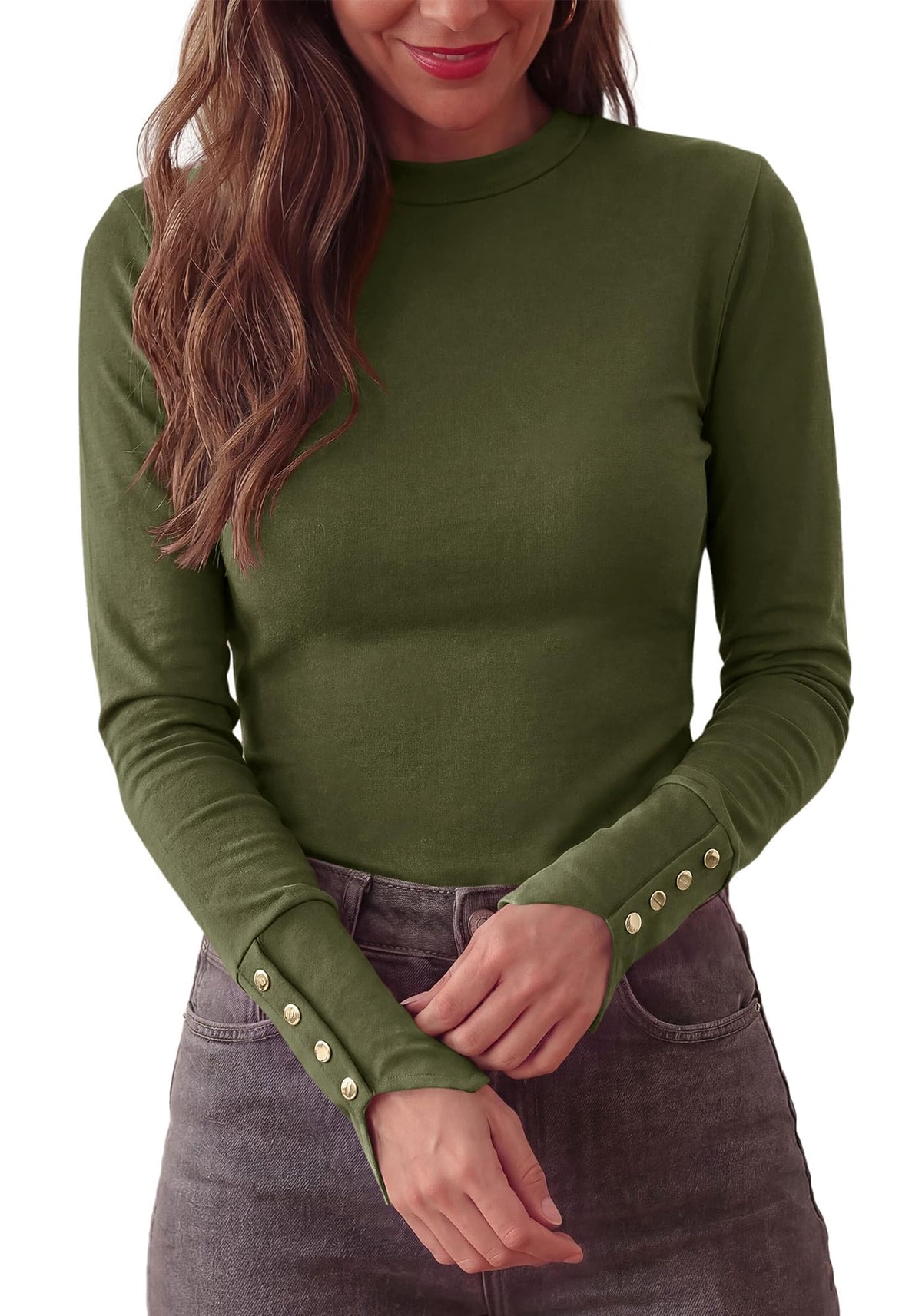 FreshPretty Womens Long Sleeve Tops Cute Slim Fitted Fall Shirts,Crewneck Knit Basic Shirts,Slimming Fit Work Office Blouses,Business Casual Outfits,Decorative Buttons,Fashion Clothing