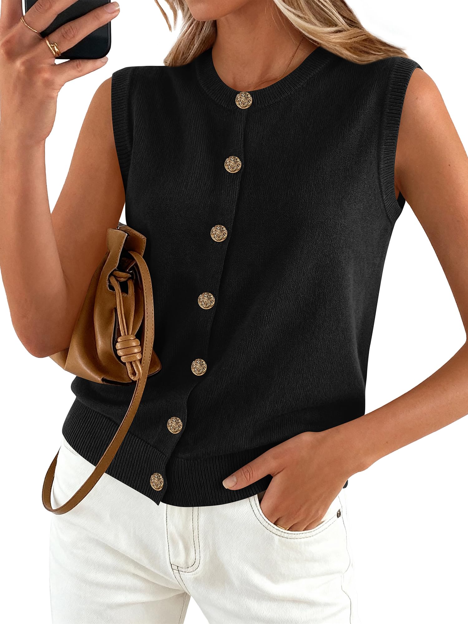 BTFBM Sweater Vest Women Casual Crewneck Loose Button Down Knit Sleeveless Cardigan Spring Clothes Summer Vest Tops