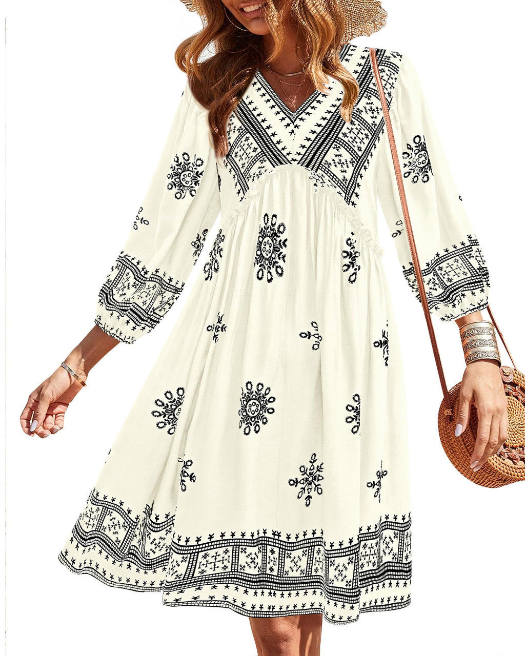 BTFBM Women Casual Spring Summer Dresses V Neck 3/4 Long Sleeve Ruffle Floral Flowy Boho Babydoll Mini Short Beach Dress