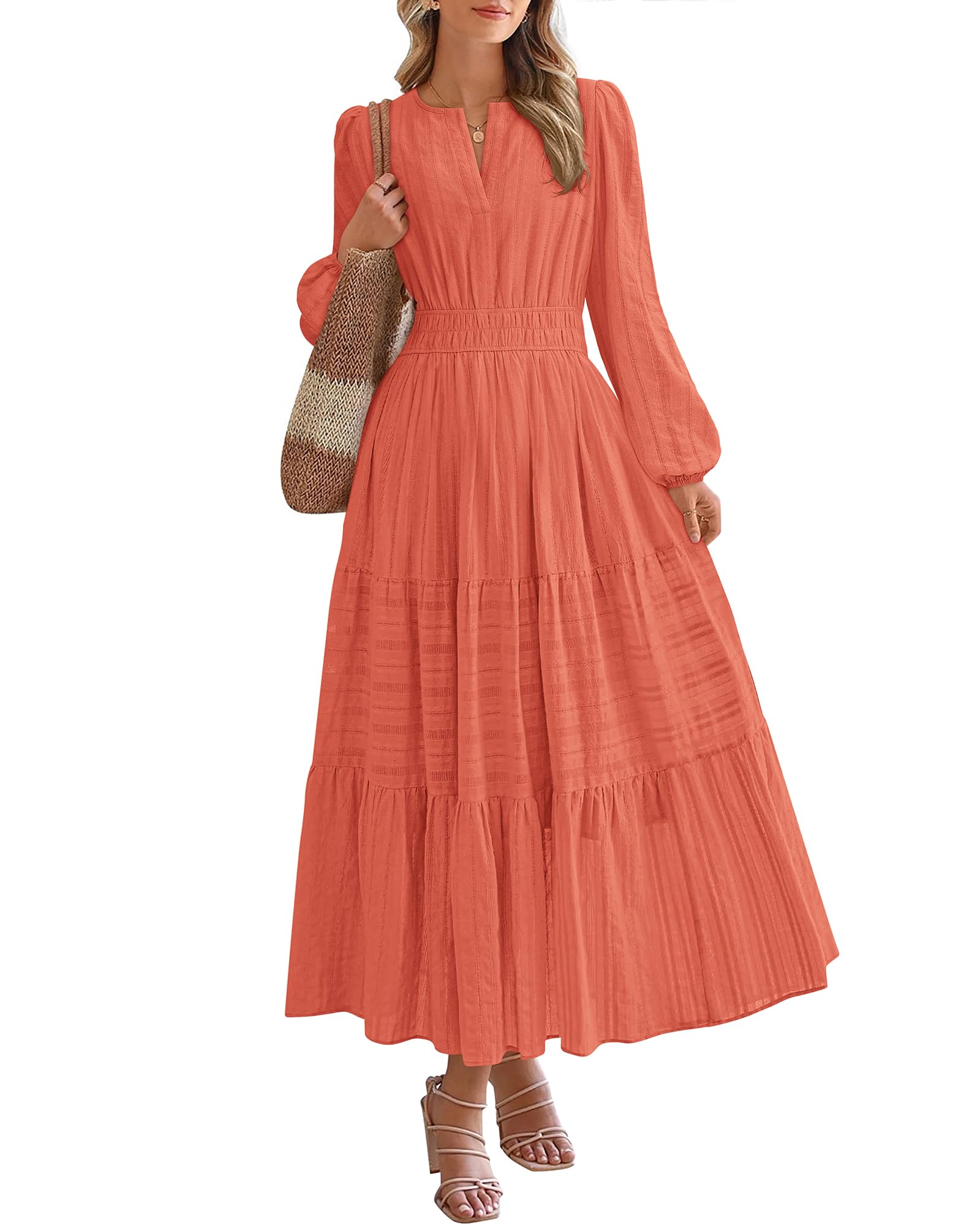 BTFBM Spring Dresses for Women 2026 Casual Long Sleeve V Neck Elastic Waist Lightweight Maxi Wedding Guest Dress Pockets