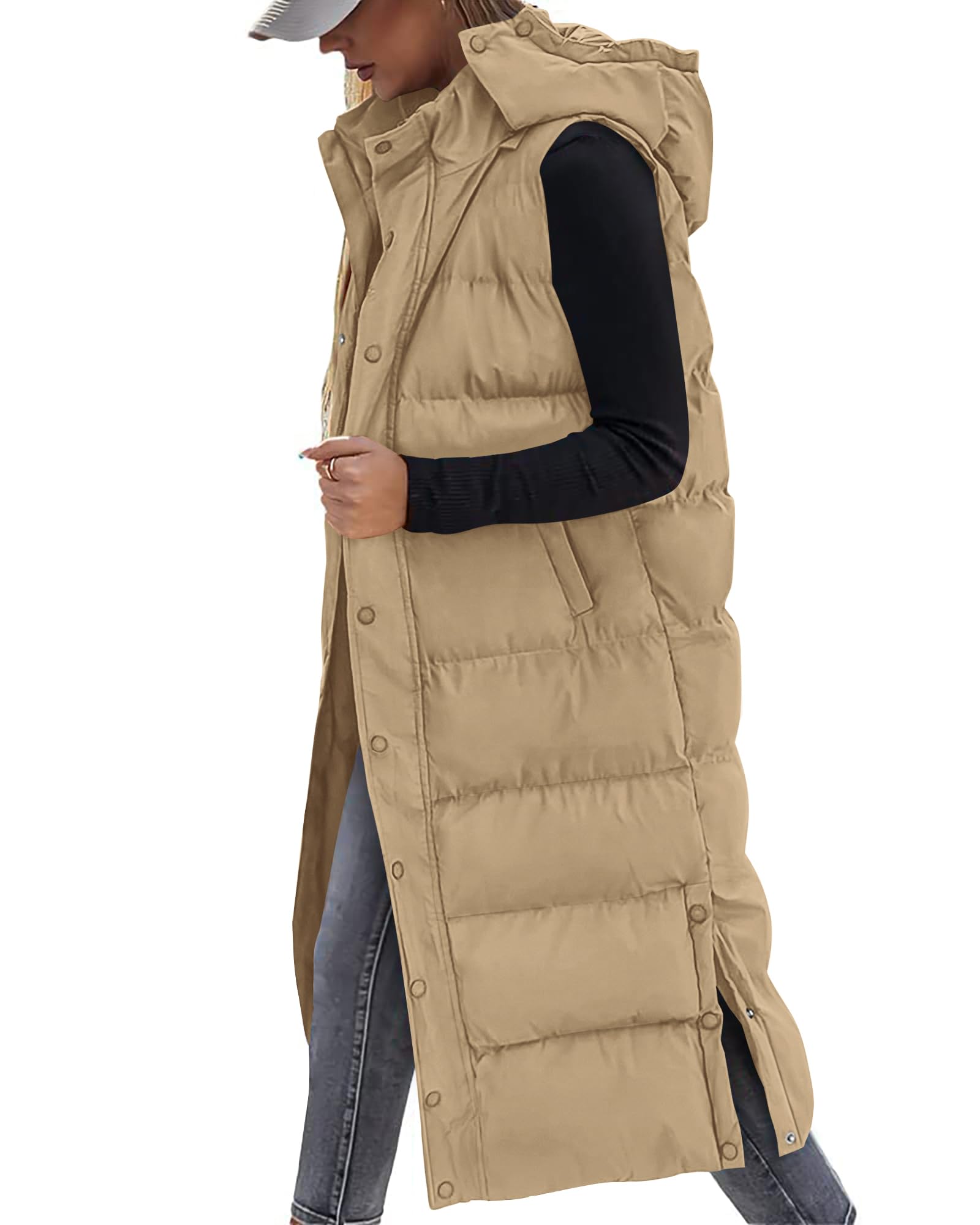 FreshPretty Long Puffer Vest Women Quilted Hooded Button Down Zip Up Sleeveless Vests Outerwear Padded Jacket Fall Winter Coat