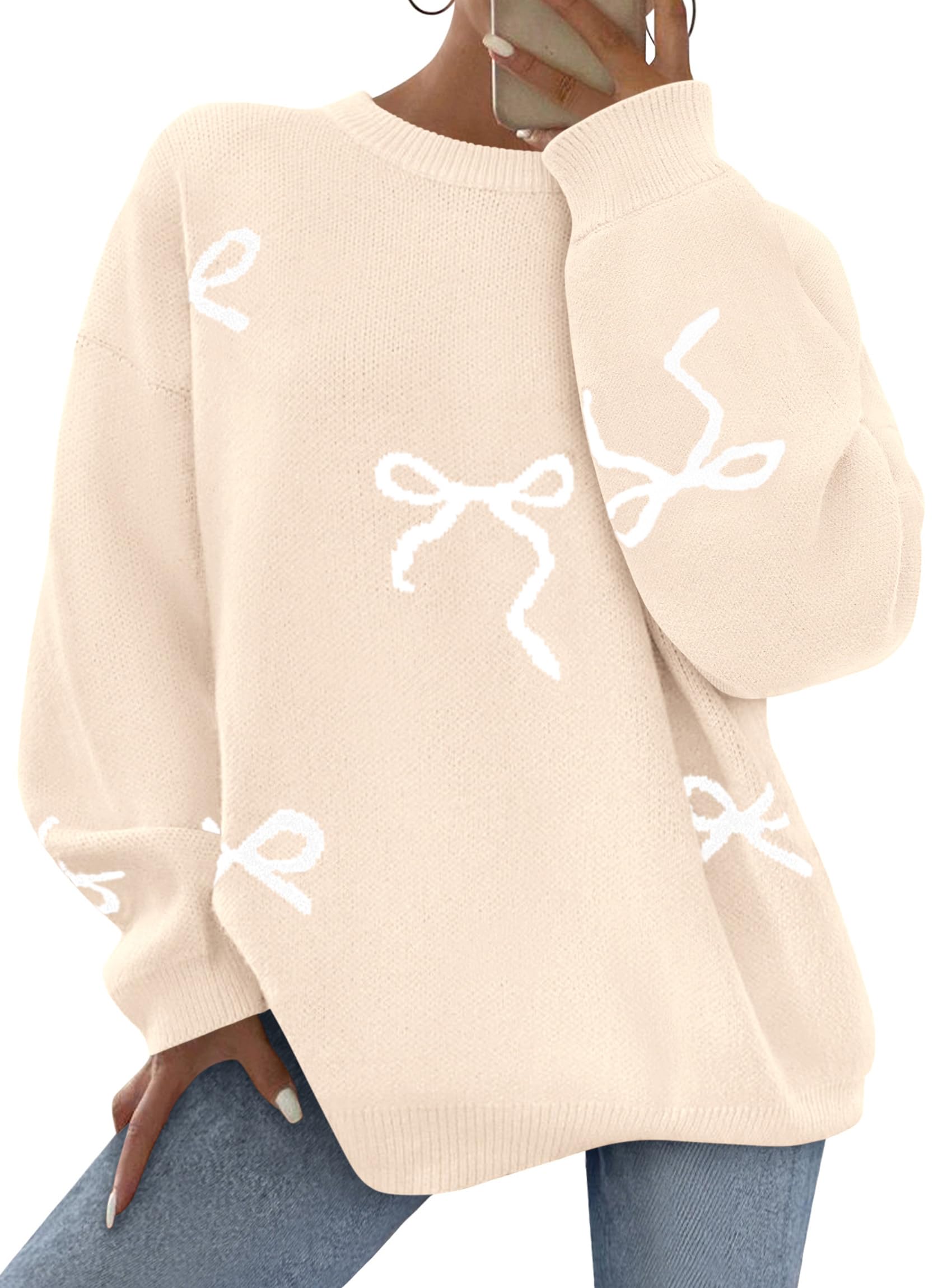PRETTYGARDEN Fall Long Sleeve Pullover Sweaters for Women Trendy Crewneck Casual Cute Bow Chunky Knit Oversized Sweater