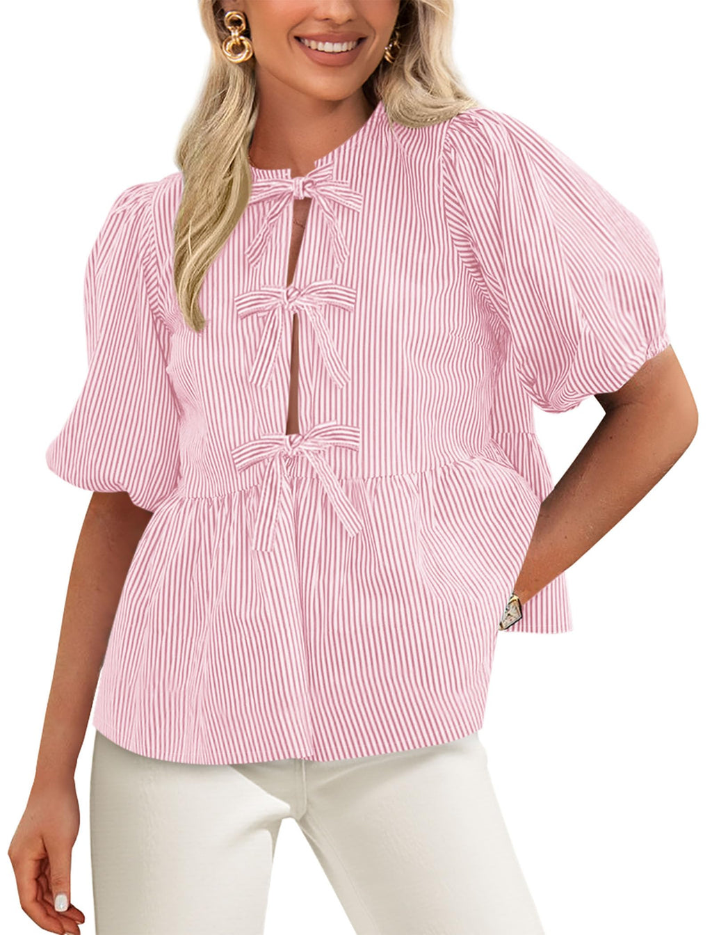 PRETTYGARDEN Women's Tie Front Striped Shirt Summer Trendy Fashion Cute Babydoll Tops Peplum Puffy Sleeve Blouse