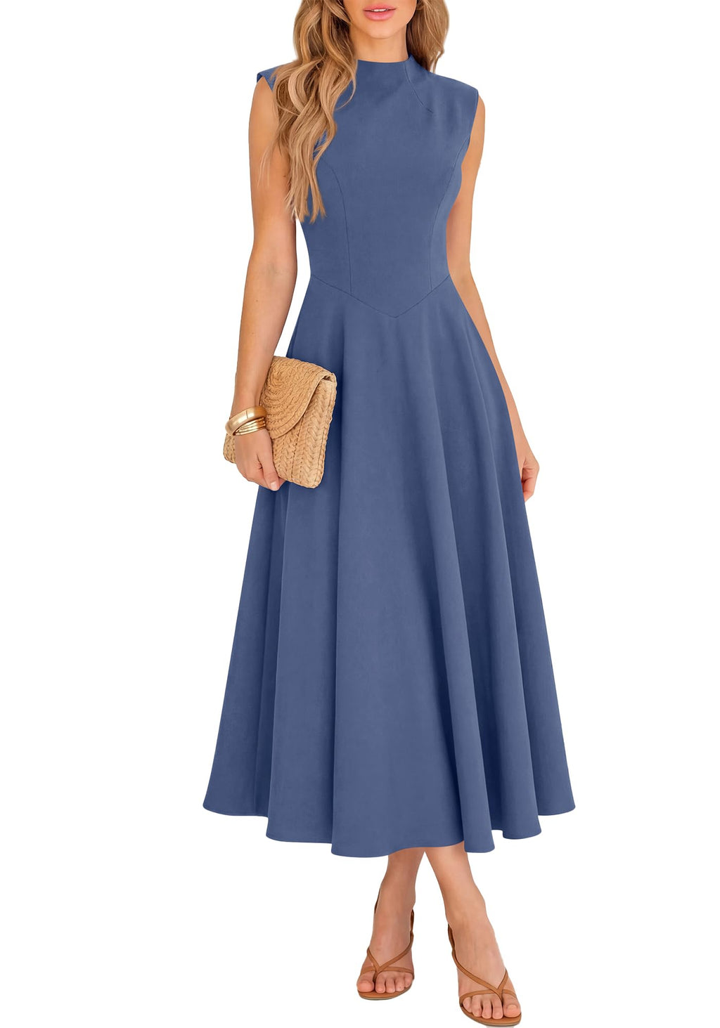 BTFBM Summer Dresses for Women Mock Neck Sleeveless High Waist Flowy Aline Maxi Spring Wedding Guest Dress Cocktail