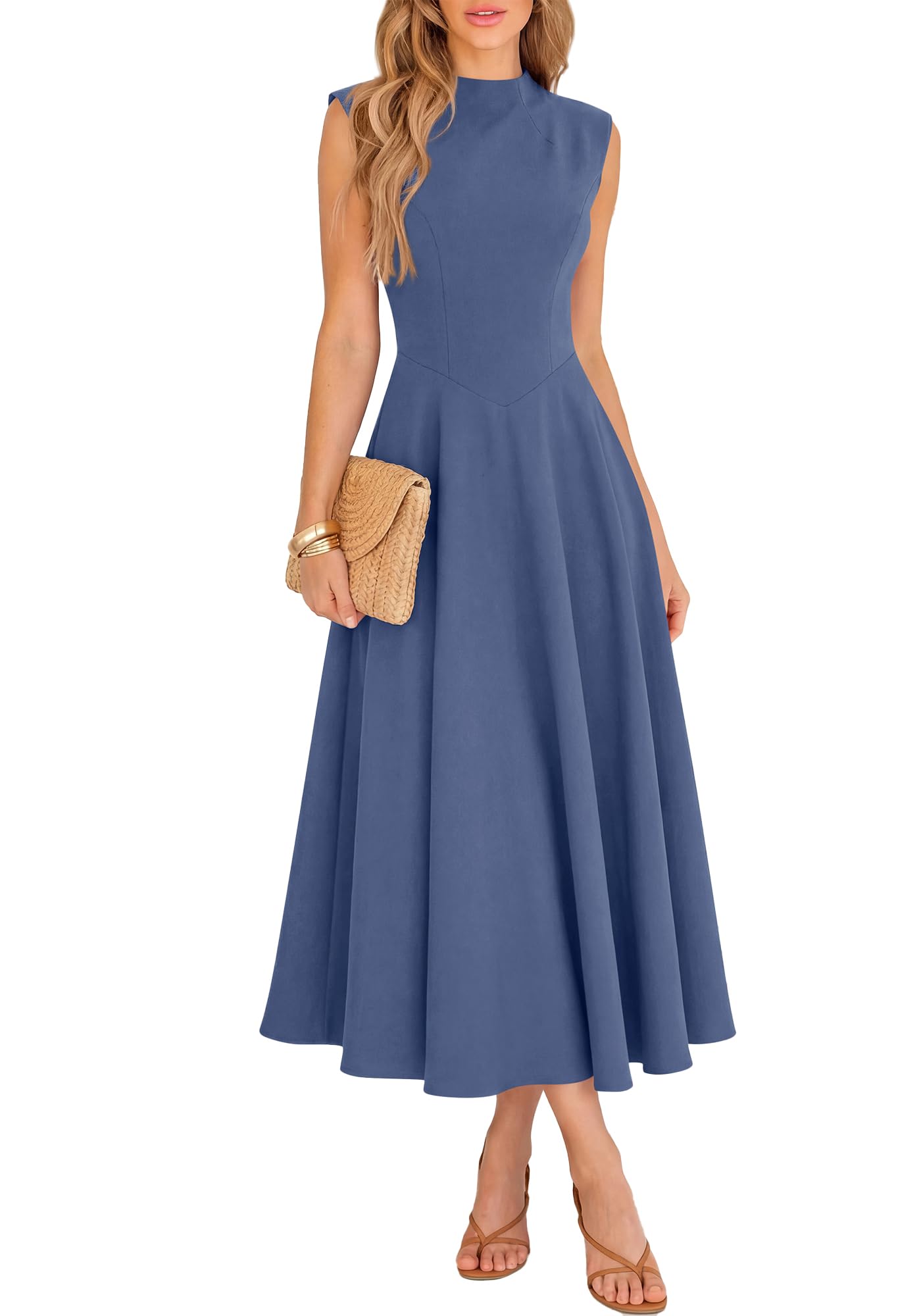 BTFBM Summer Dresses for Women Mock Neck Sleeveless High Waist Flowy Aline Maxi Spring Wedding Guest Dress Cocktail
