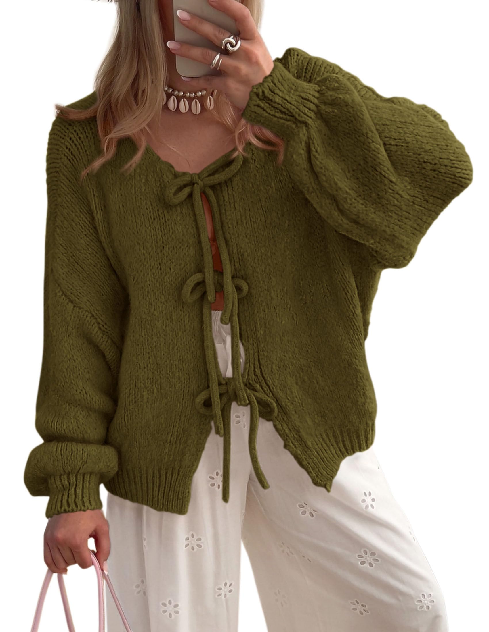 PRETTYGARDEN Women's Tie Front Bow Cardigan Sweaters Chunky Knit Long Puff Sleeve Trendy Fall Winter Jacket Coat