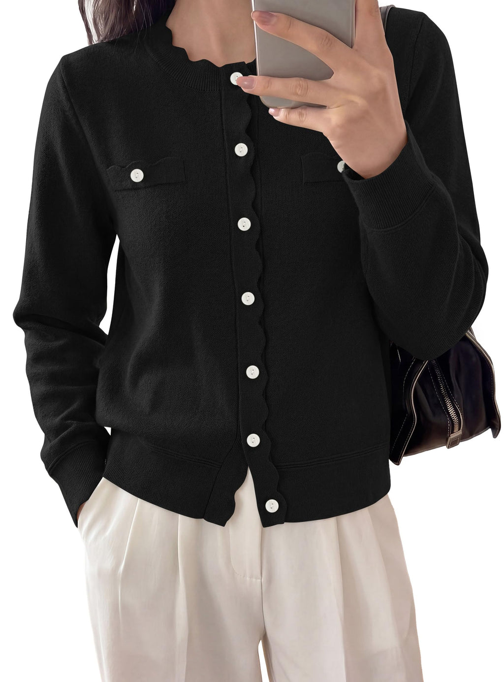 PRETTYGARDEN Cardigan Sweaters for Women Scalloped Button Up Fall Outfits Soft Knit Long Sleeve Knit Tops,Crew Neck,Business Casual Outfits,Office Work Lightweight Sweater,Layers Clothes