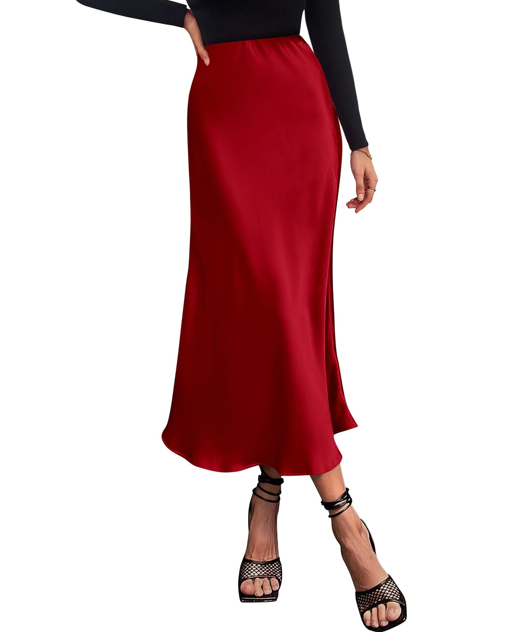 BTFBM Summer Womens Skirts Silk Elegant High Waist Flowy Long Satin A-Line Midi Skirt Cocktail Wedding Party