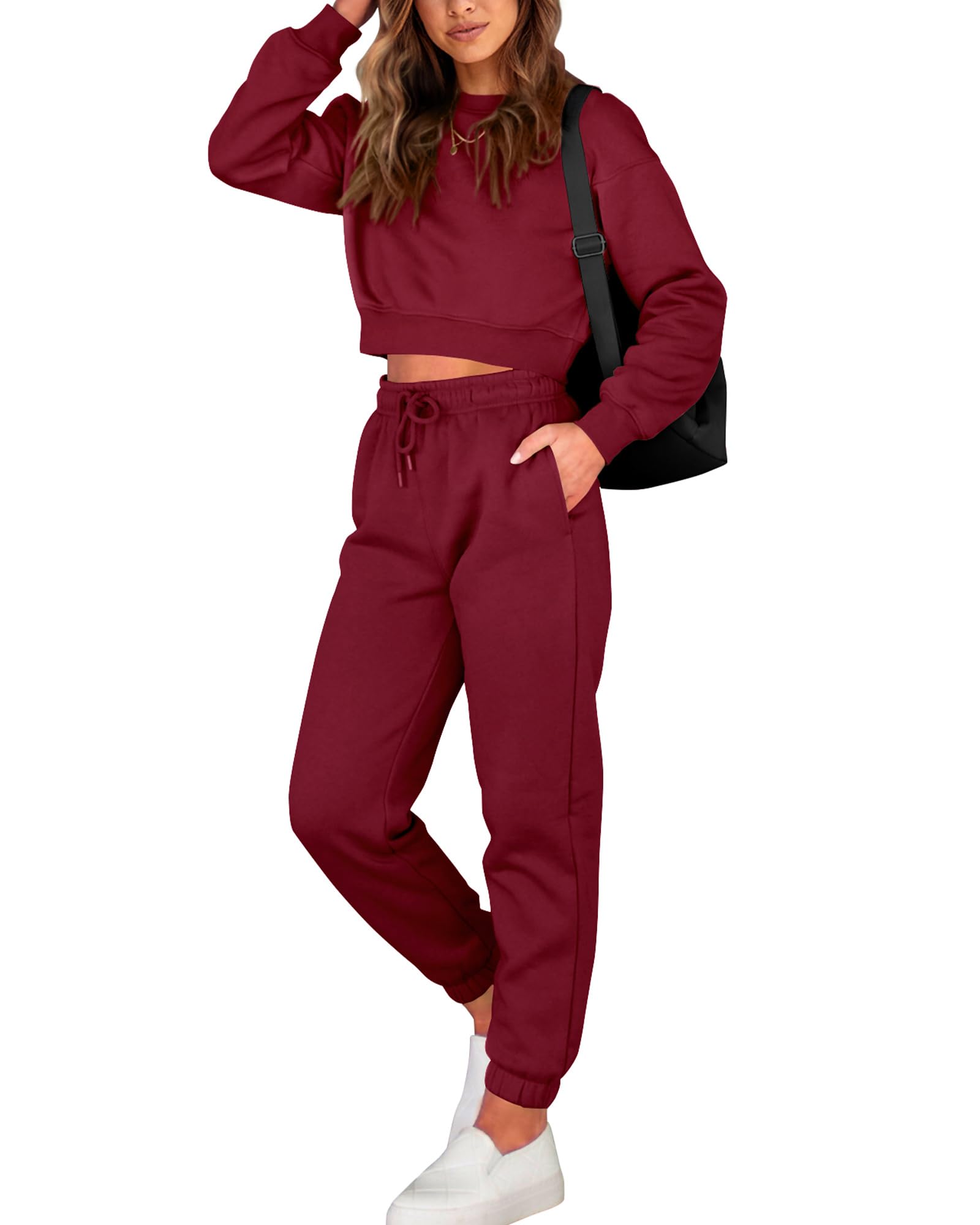 FreshPretty Women 2 Piece Outfits Long Sleeve Crop Top Pullover Drawstring Pant Jogger Set Casual Sweatsuits Tracksuit Pockets