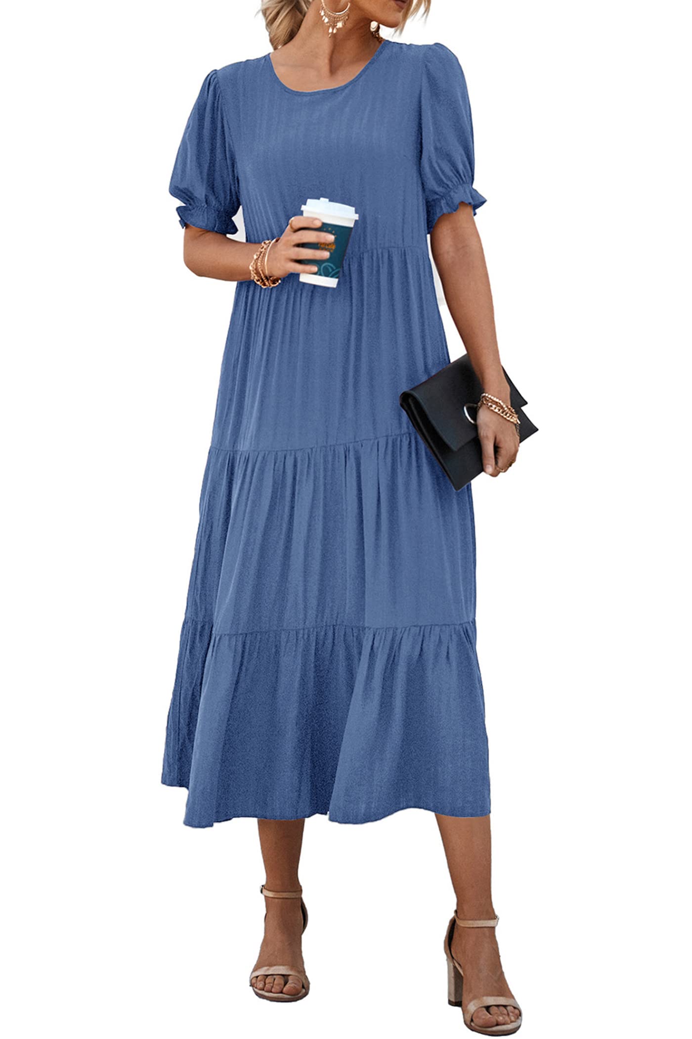 PRETTYGARDEN Summer Dresses for Women Casual Floral Boho Midi Sun Dress Puff Short Sleeve Flowy Beach Vacation Sundress