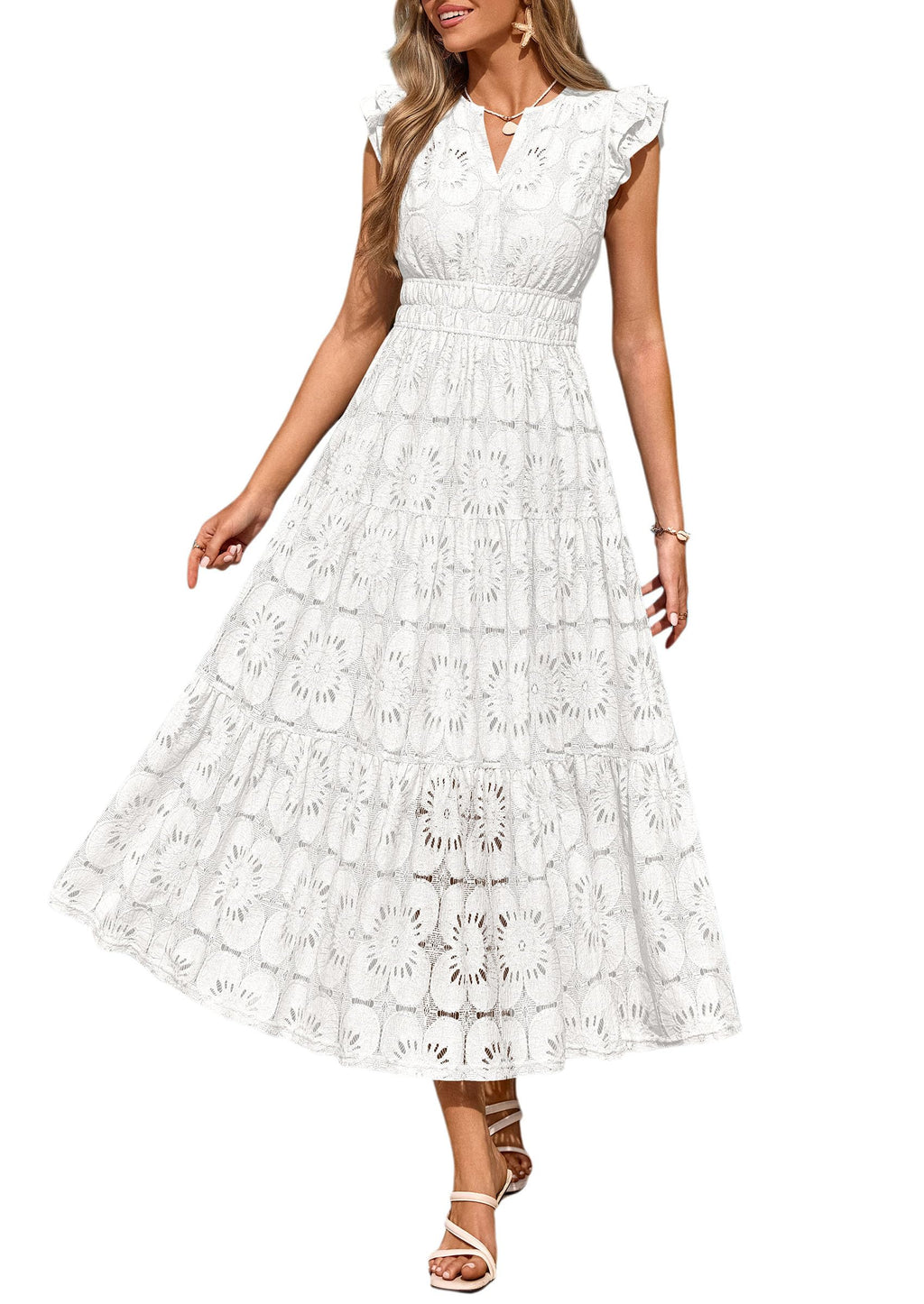 PRETTYGARDEN Womens Boho Maxi Dresses Summer Floral Lace Eyelet V Neck Spring Wedding Guest Dress Beach Vacation Clothes