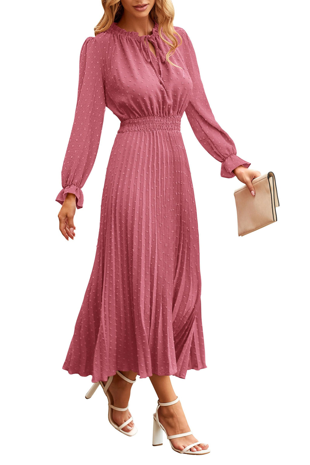 PRETTYGARDEN Women's Spring Fall Midi Dress Casual Long Sleeve V Neck Swiss Dot Pleated A Line Flowy Dresses