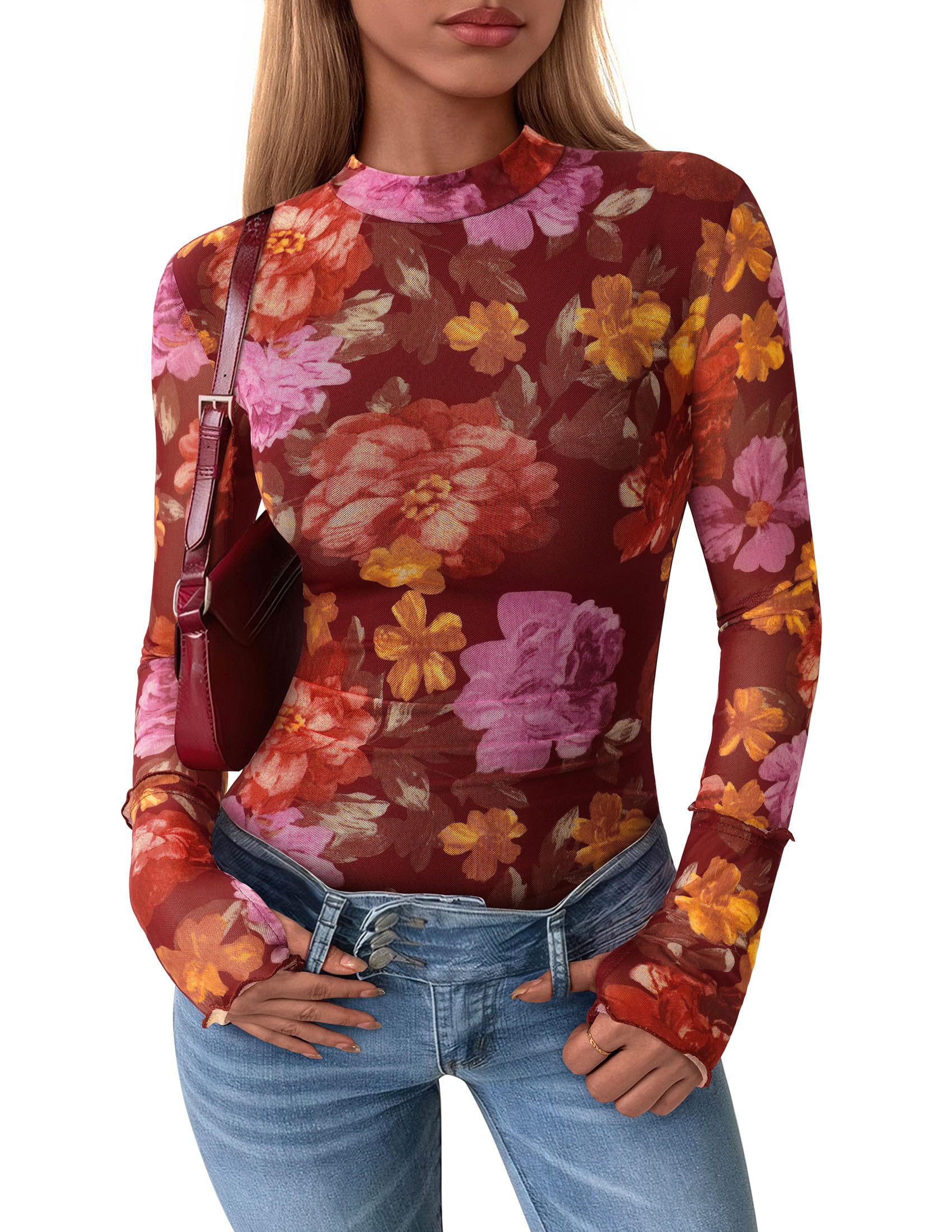 PRETTYGARDEN Womens Fall Mesh Floral Blouses Long Sleeve Going Out Tops Slim Fitted Shirts Date Night Outfits