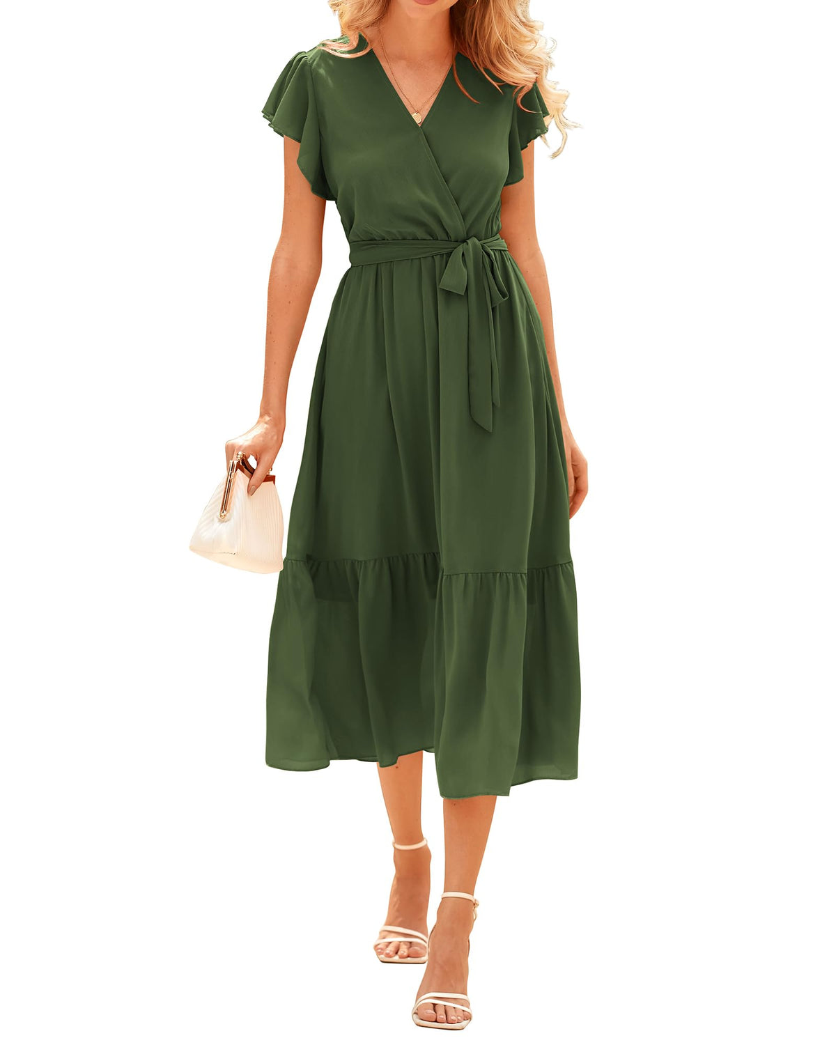 BTFBM Women Summer Casual Wrap V Neck Ruffle Cap Sleeve Belted Midi Dress Fall Swiss Dots A-line Long Wedding Guest Dresses,Elegant Floral Boho Sundress With Pockets,Spring Beach Vacation Clothes