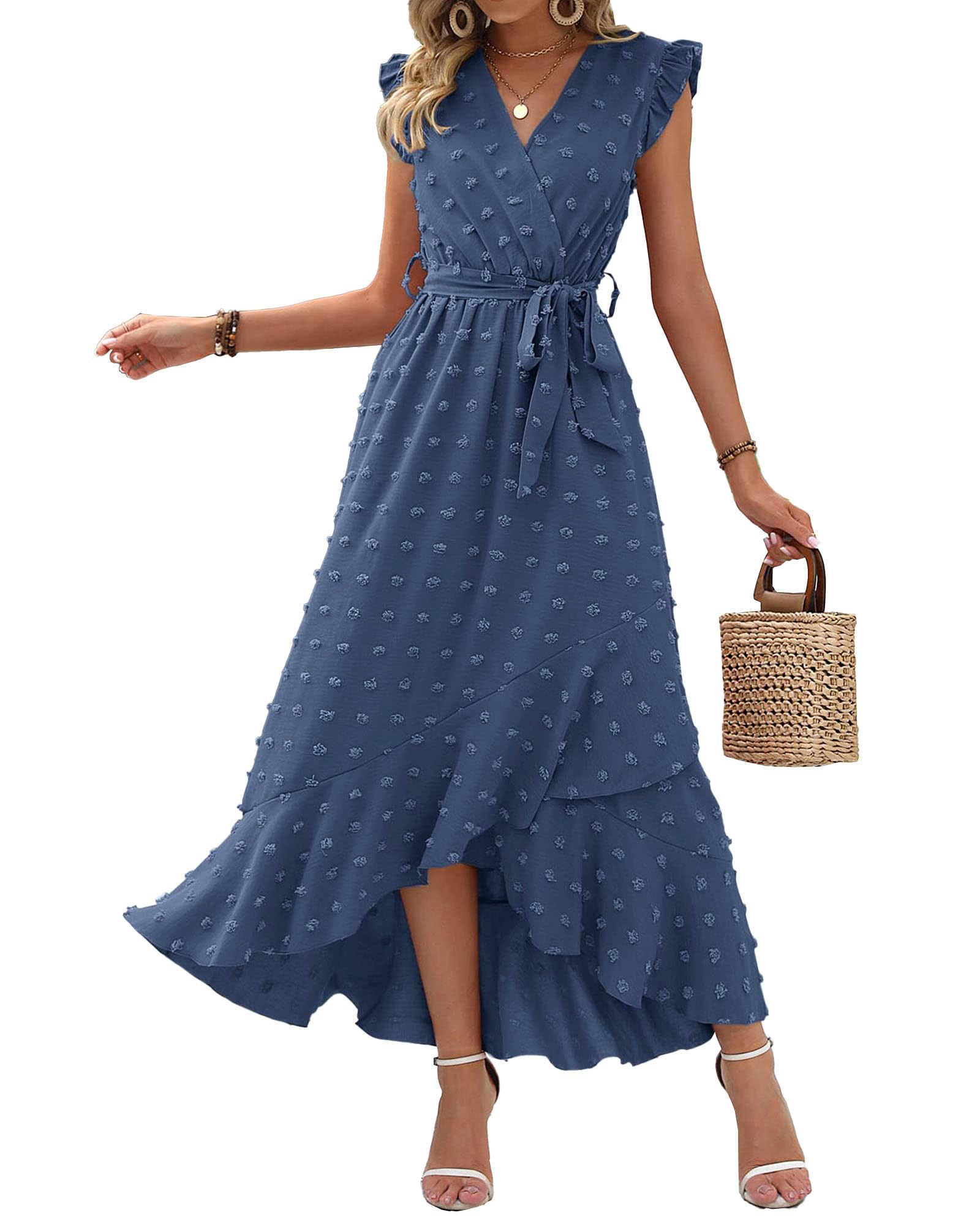 FreshPretty Women V Neck Summer Dress Cap Sleeve Swiss Dot Boho Flowy Ruffle Slit Beach Party Long Maxi Cocktail Dresses