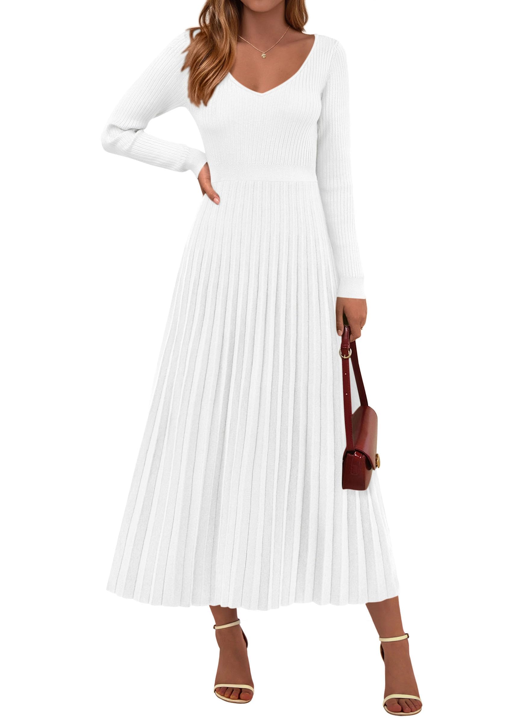 PRETTYGARDEN Women Sweater Dress Fall Fashion Long Sleeve V Neck Ribbed Knit Pleated A Line Elegant Maxi Winter Dresses
