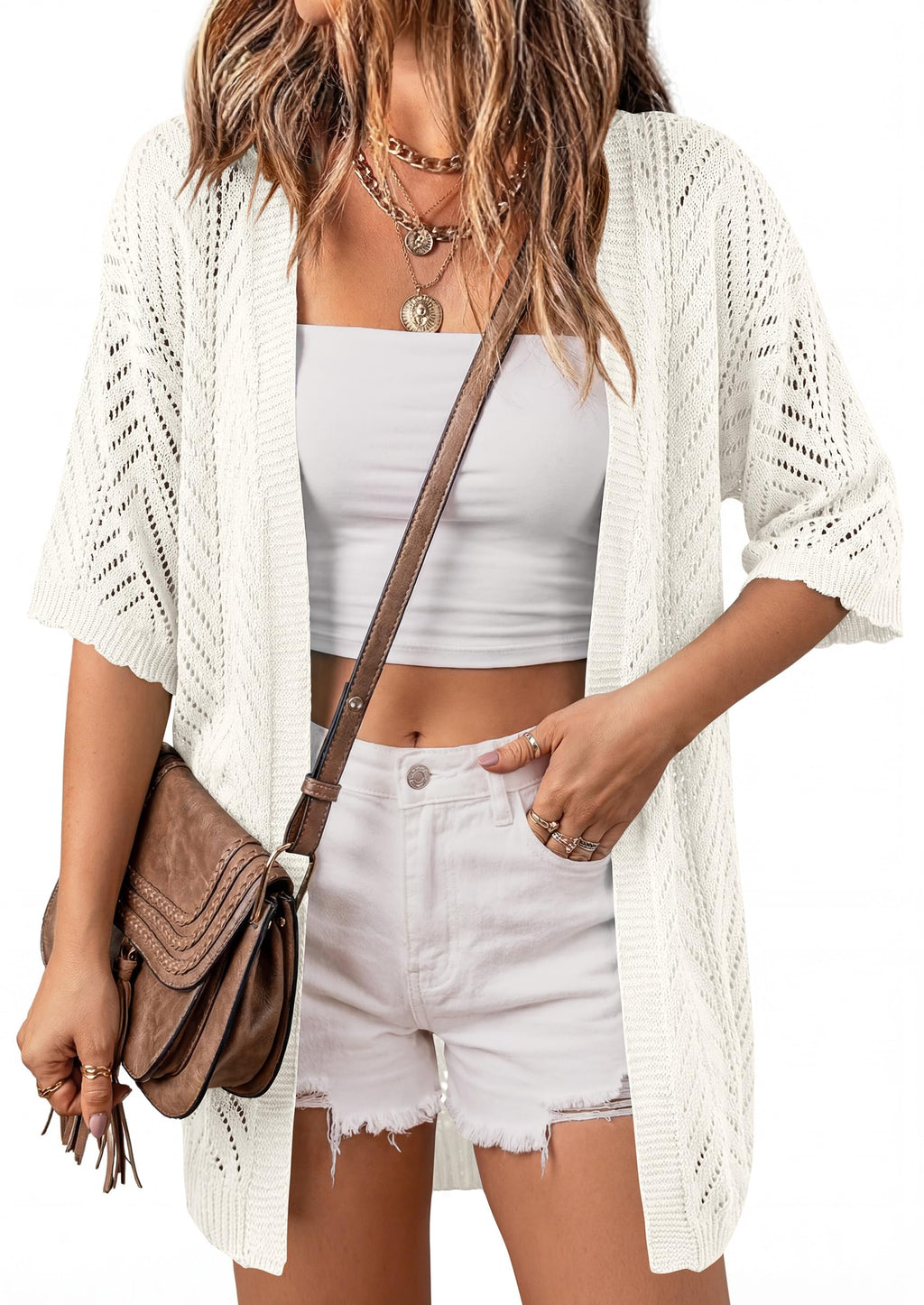 PRETTYGARDEN Women's Lightweight Summer Cardigans Short Sleeve Knit Crochet Coverups Spring Boho Beach Vacation Clothes