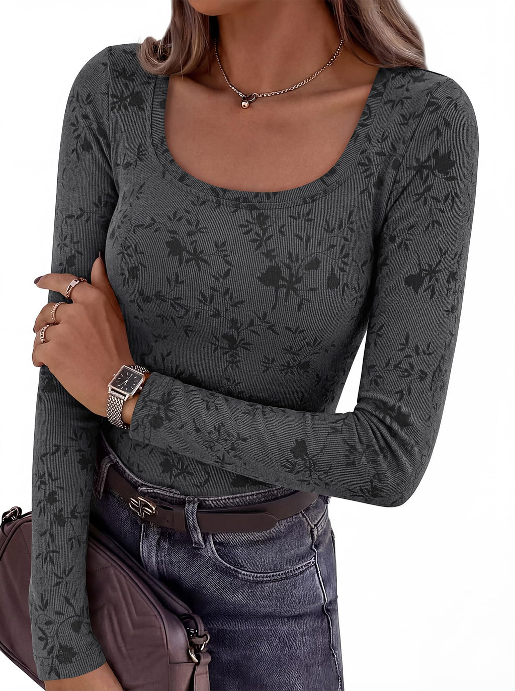 BTFBM Women's Long Sleeve Scoop Neck Shirts Floral Tops | Casual Women Fall Clothes, Ribbed Slim Fitted T-Shirts, y2k Fashion Clothing, Concert Going Out Top, Club Date Night Outfits
