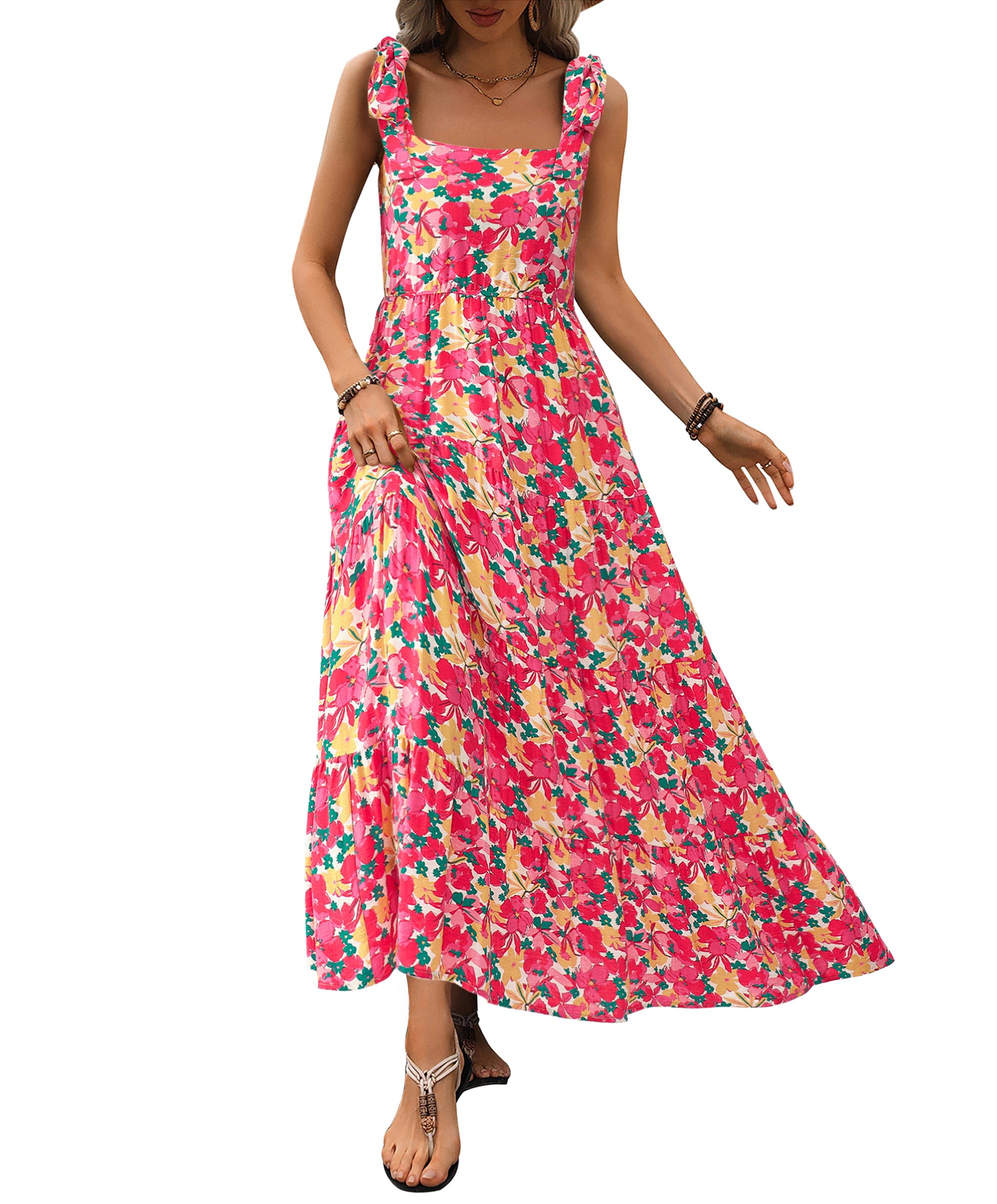 PRETTYGARDEN Women Dresses Summer Floral Sleeveless Maxi Dress Casual Spaghetti Strap Tiered Flowy Beach Long Dress