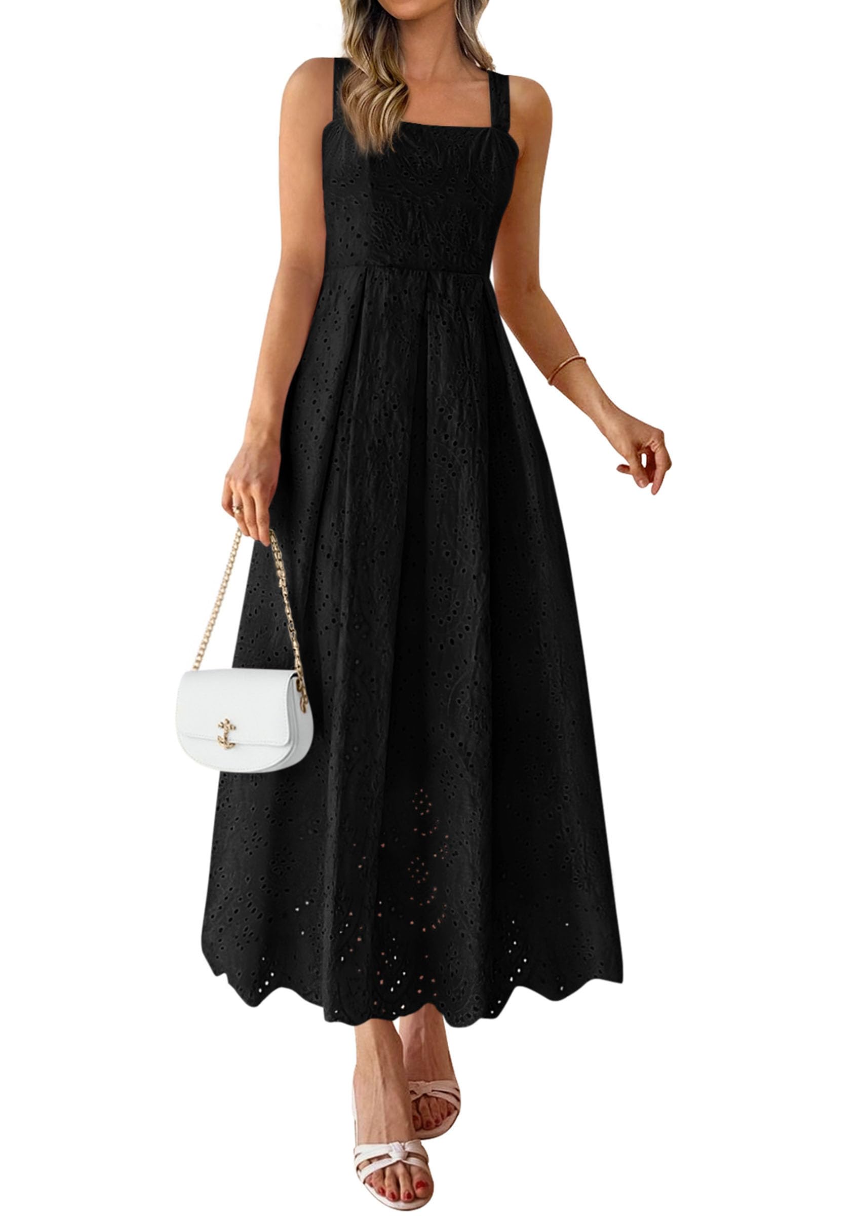 PRETTYGARDEN Womens Sleeveless Maxi Summer Dresses Hollow Out Eyelet Square Neck Ruffle Flowy Beach Vacation Sundress