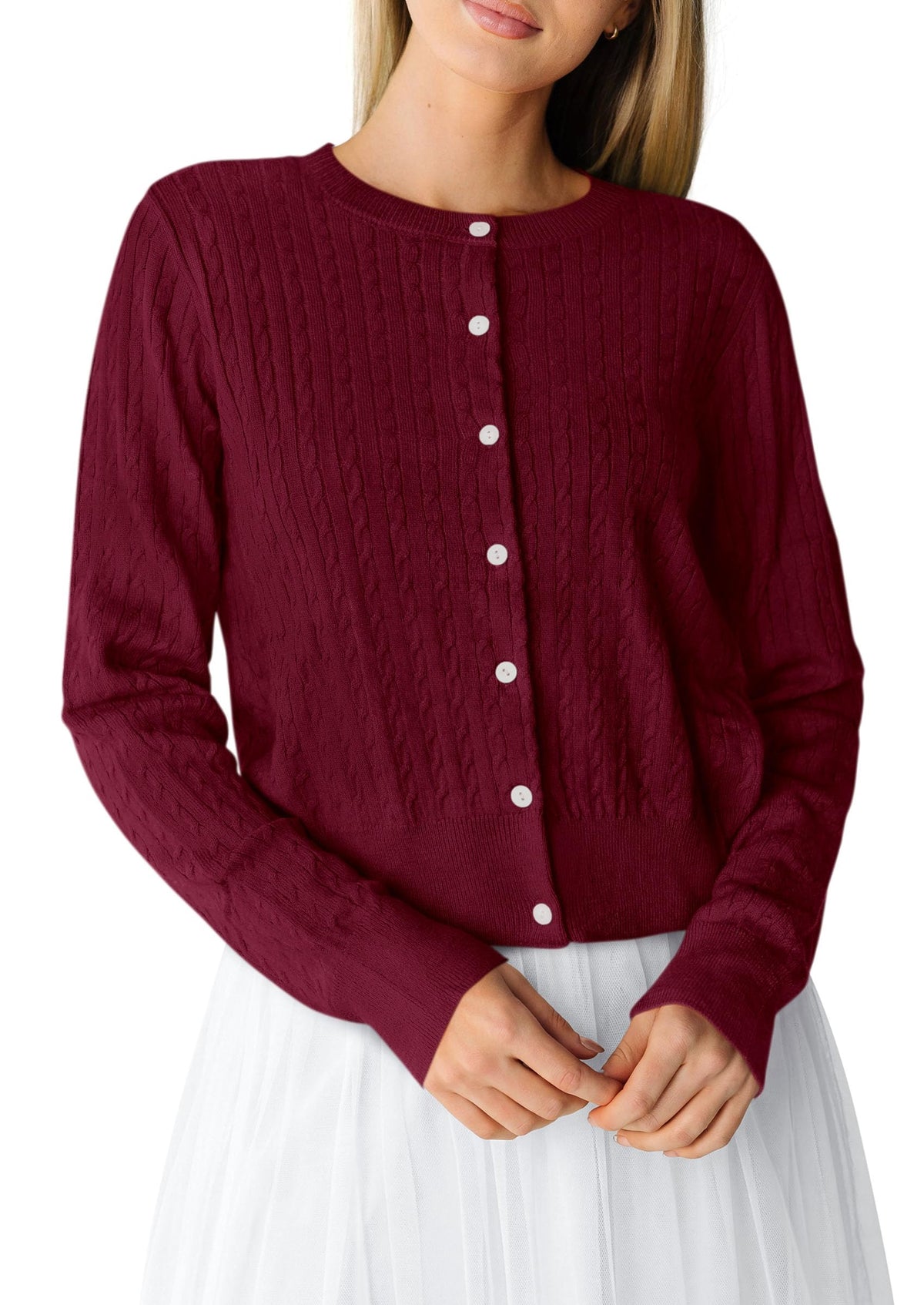 PRETTYGARDEN Women Lightweight Button Up Cardigan Sweaters | Soft Stretchy, Cozy Cable Knit, Long Sleeve Crew Neck, Trendy Cardigans, Cute Casual Outfits, Early Fall Fashion Clothing