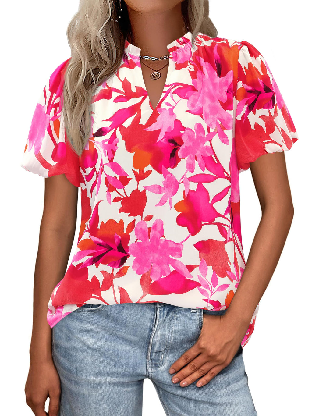 PRETTYGARDEN Boho Short Sleeve Floral Work Blouses for Women Dressy Casual V Neck Puff Sleeve Loose Chiffon Flowy Tops Shirts