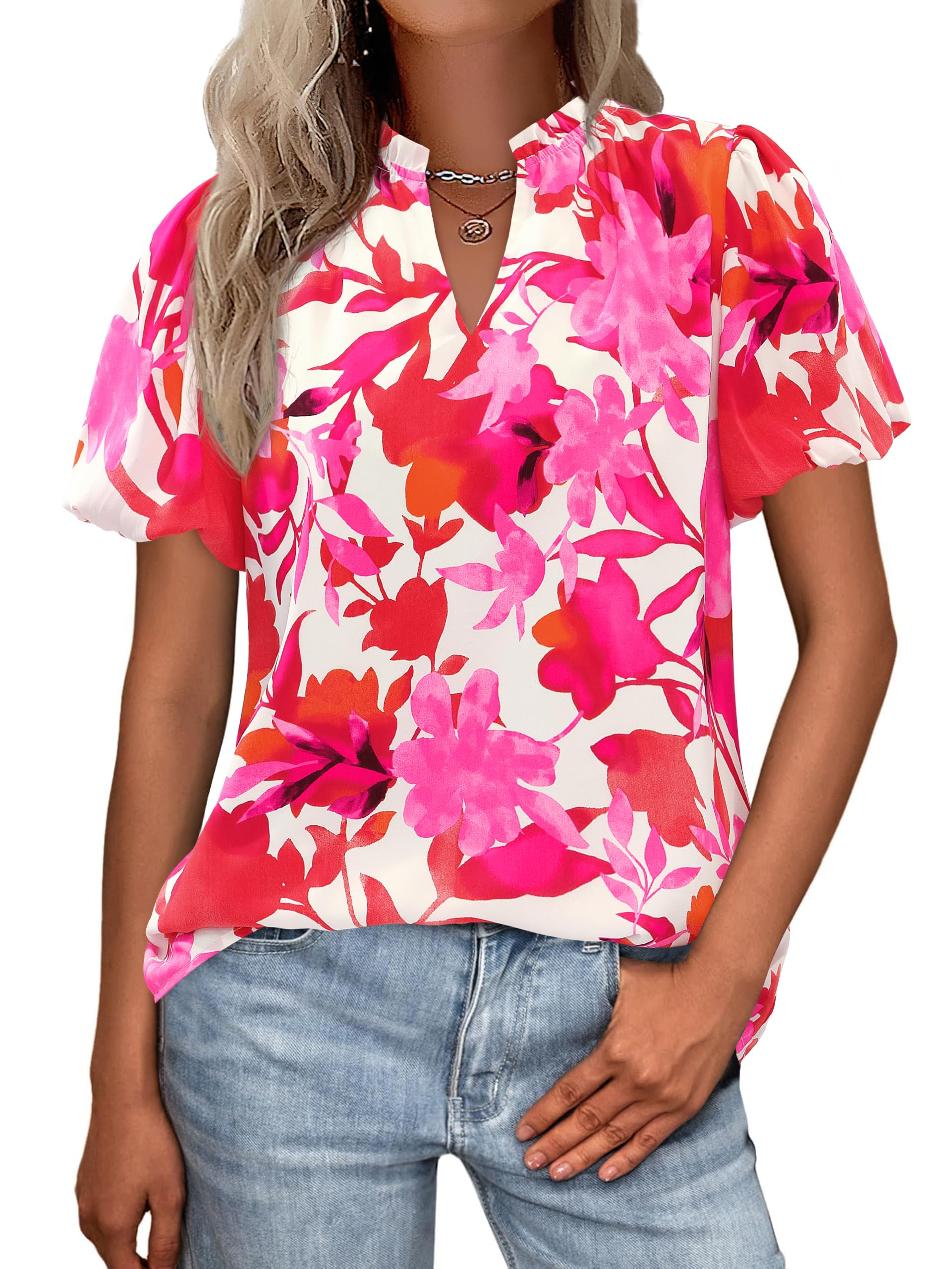 PRETTYGARDEN Boho Short Sleeve Floral Work Blouses for Women Dressy Casual V Neck Puff Sleeve Loose Chiffon Flowy Tops Shirts