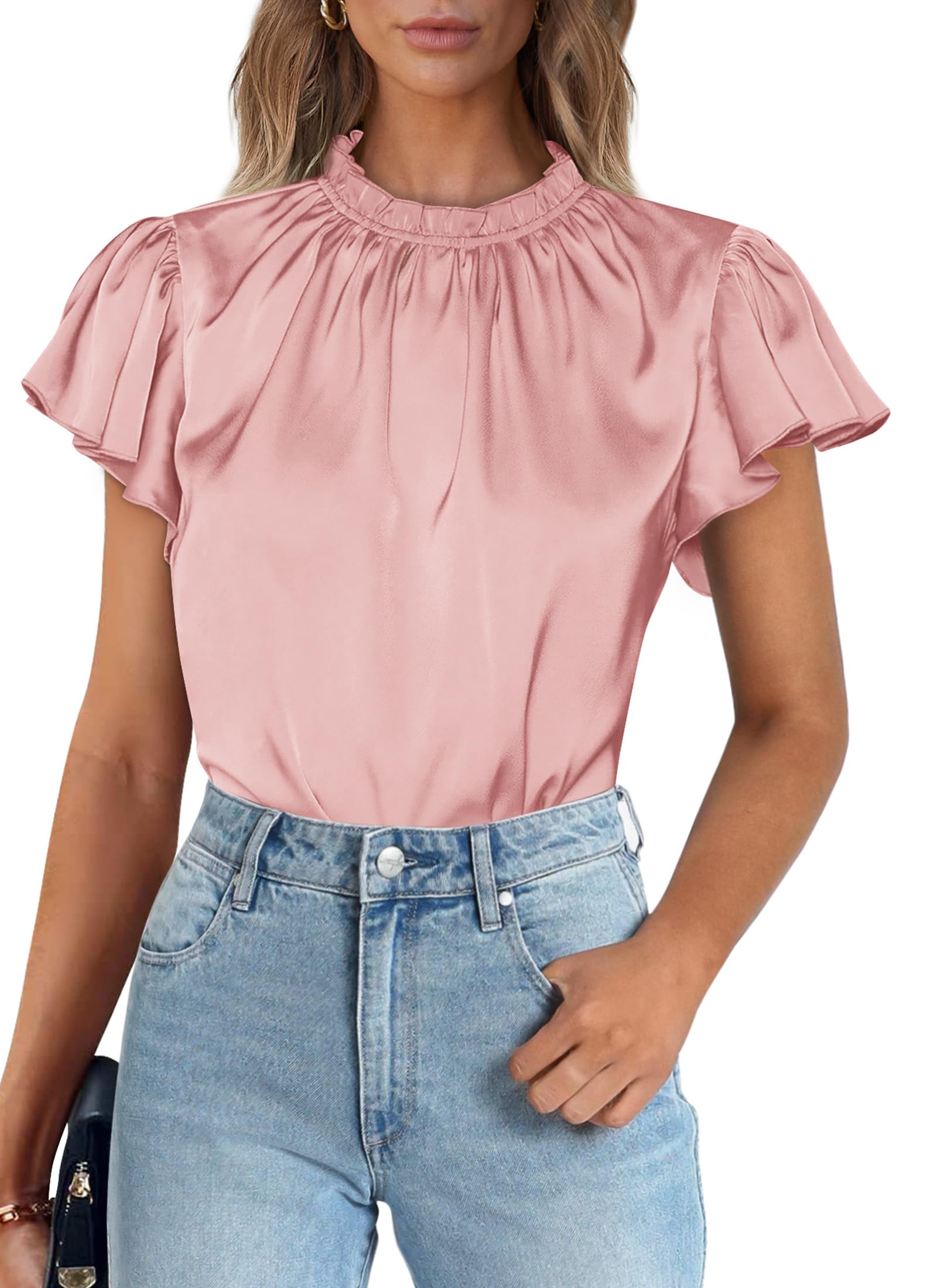 PRETTYGARDEN Business Casual Tops for Women Blouses Dressy  Summer Short Sleeve Ruffle Satin Work Office Attire